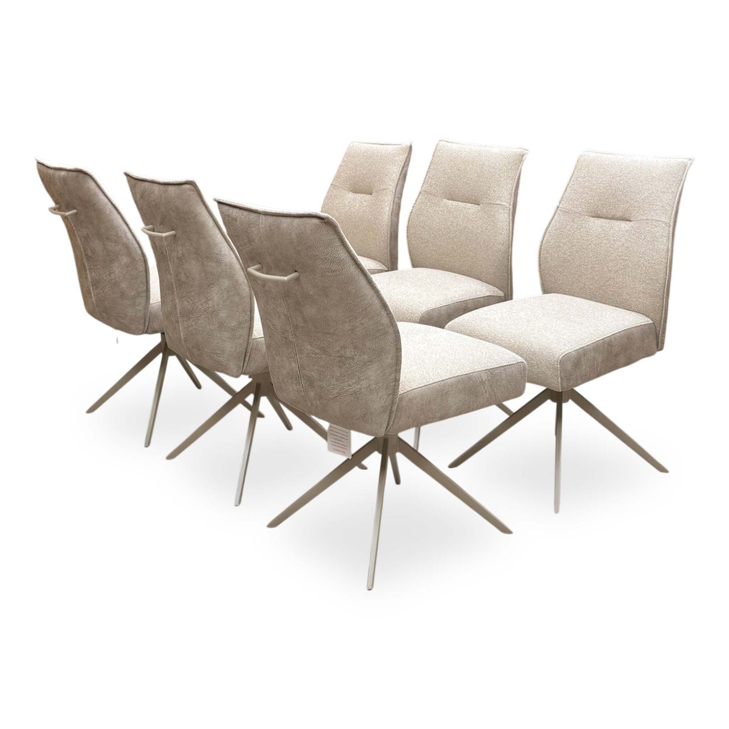 Full View set of 6 ‘Mirage’ swivel dining arm chairs in Neutral fabric, featuring a modern wrap-around bucket seat design and tapered black metal legs.