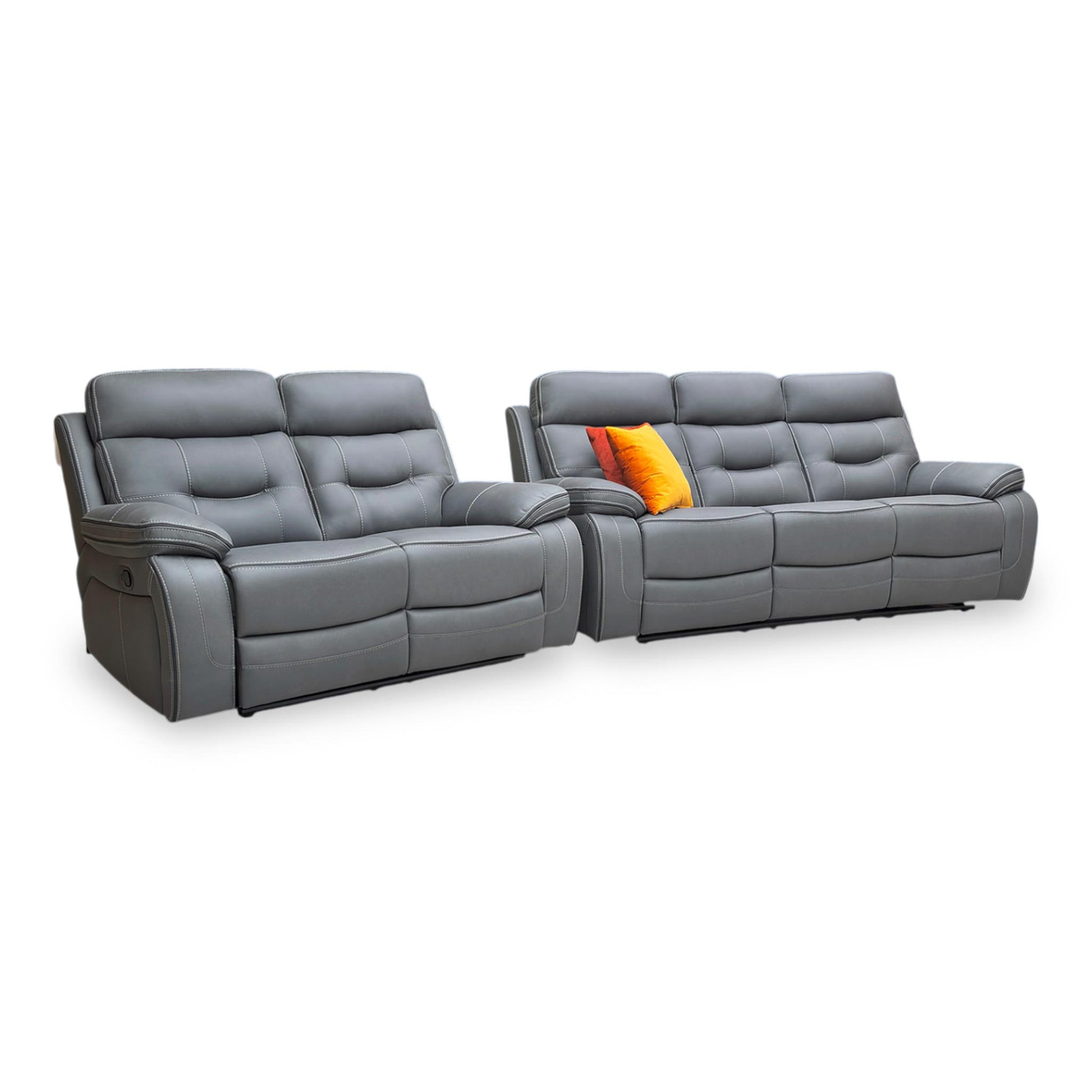 Side profile of the Dante sofas, emphasizing the ergonomic lumbar support and the space-efficient manual reclining mechanism.