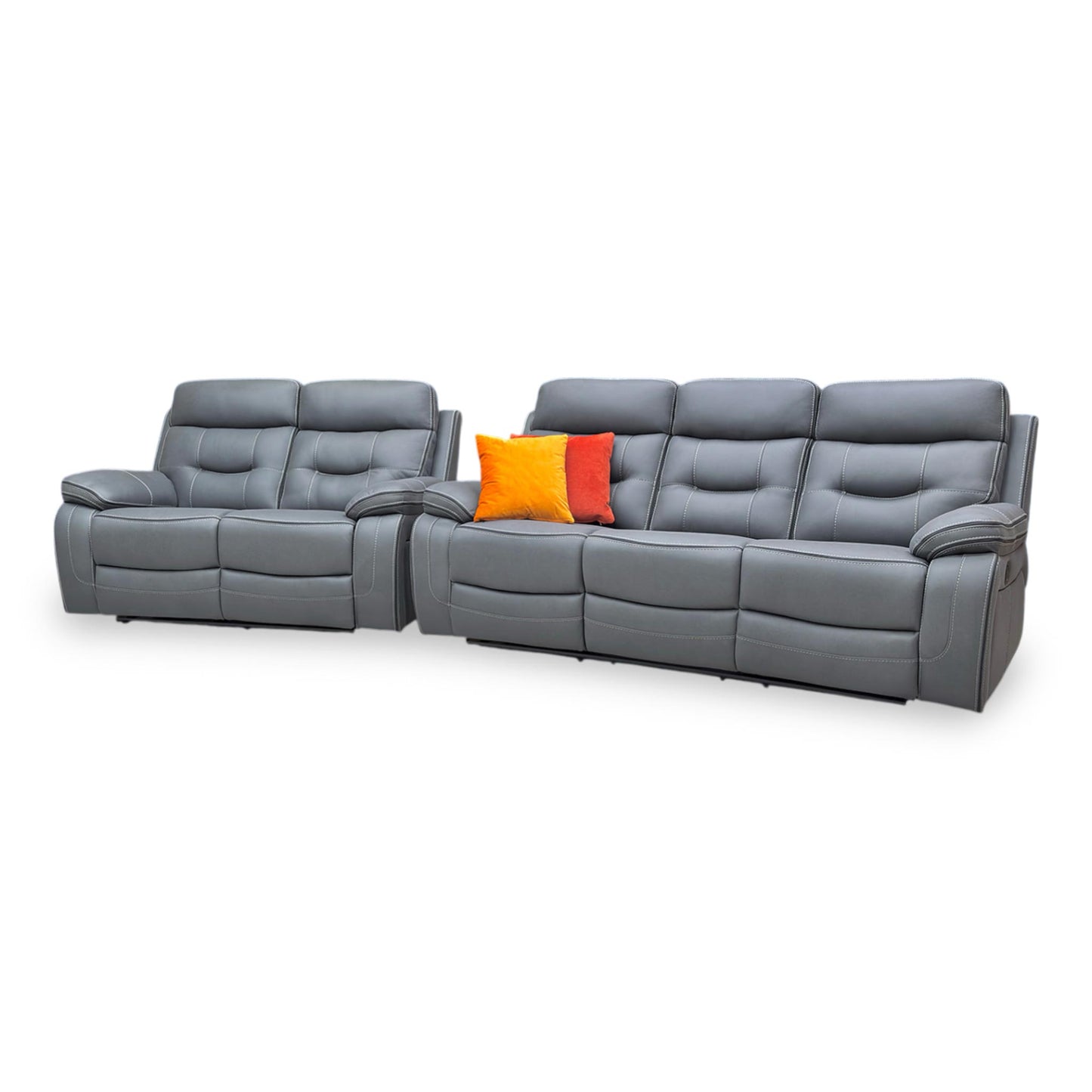 Side shot of the ‘Dante’ 3+2 manual recliner sofa set in Grey fabric, featuring a matching 3-seater and 2-seater sofa with high-back support and plush padded armrests.