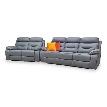Side shot of the ‘Dante’ 3+2 manual recliner sofa set in Grey fabric, featuring a matching 3-seater and 2-seater sofa with high-back support and plush padded armrests.