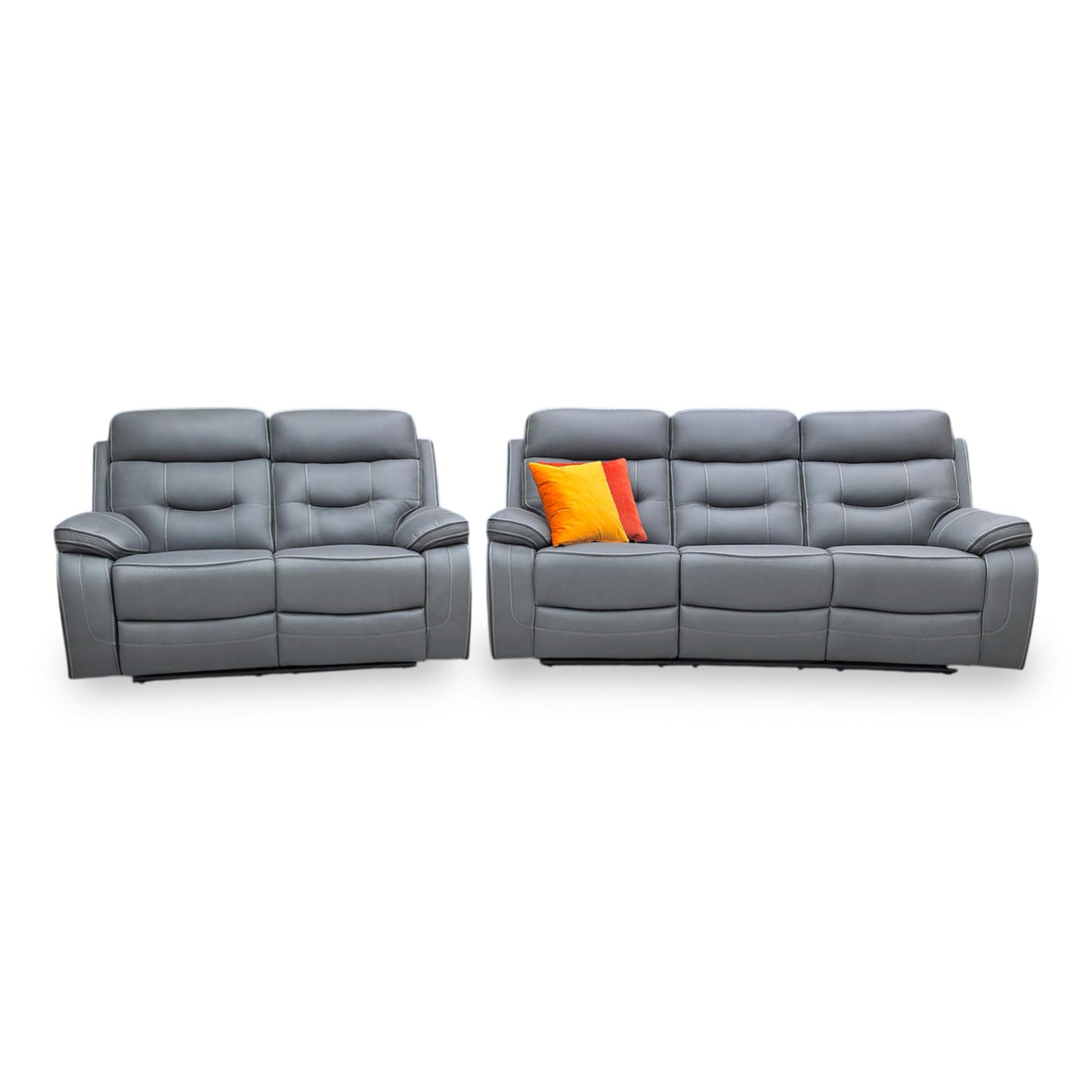Front shot of the ‘Dante’ 3+2 manual recliner sofa set in Grey fabric, featuring a matching 3-seater and 2-seater sofa with high-back support and plush padded armrests.