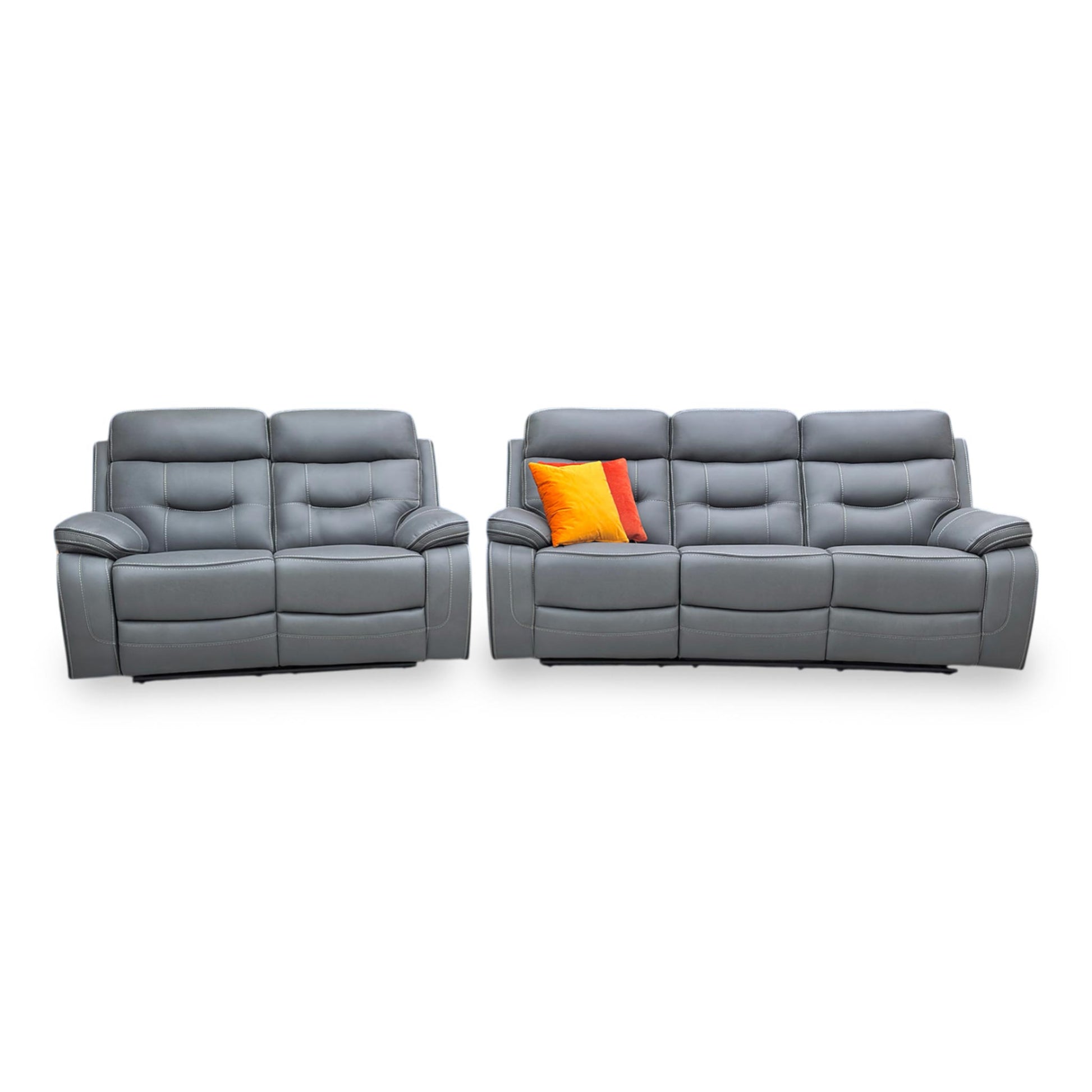 Front shot of the ‘Dante’ 3+2 manual recliner sofa set in Grey fabric, featuring a matching 3-seater and 2-seater sofa with high-back support and plush padded armrests.