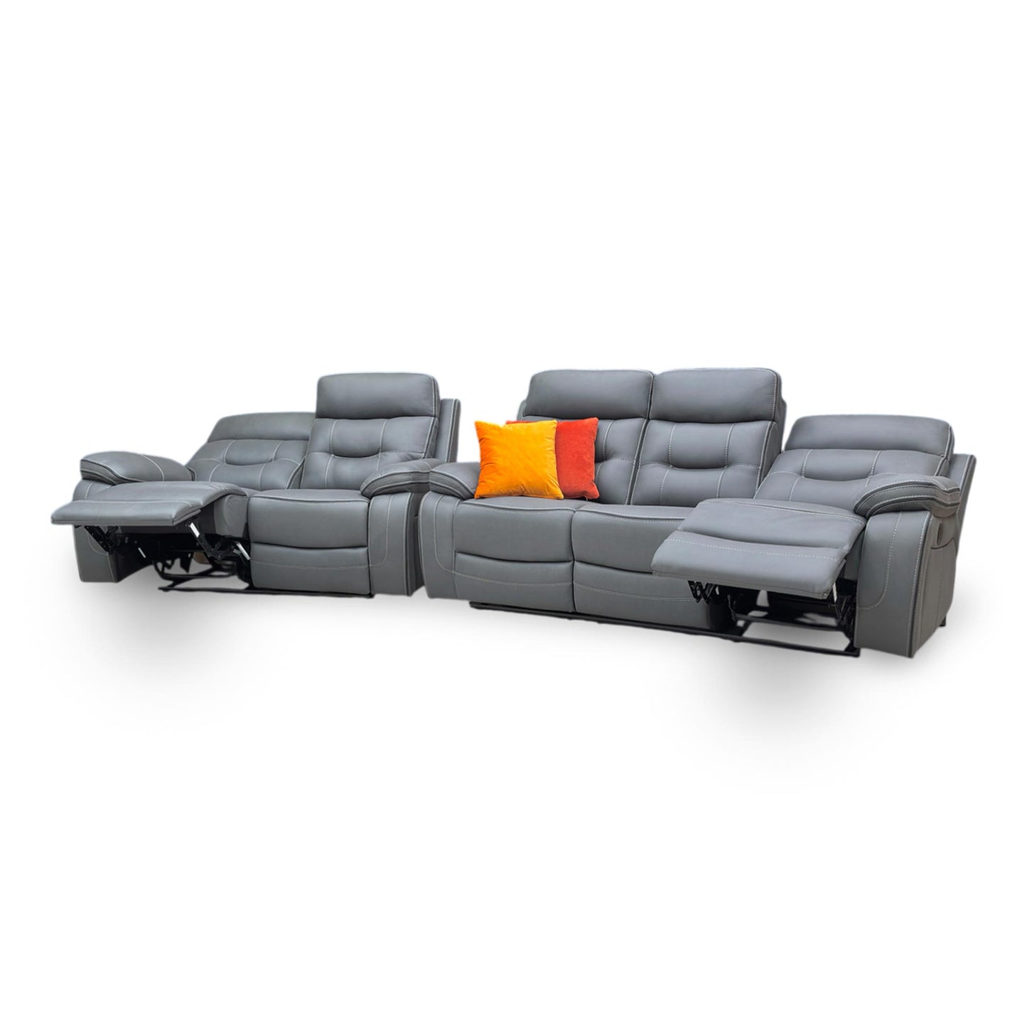 Side profile of the Dante sofas, emphasizing the ergonomic lumbar support and the space-efficient manual reclining mechanism.