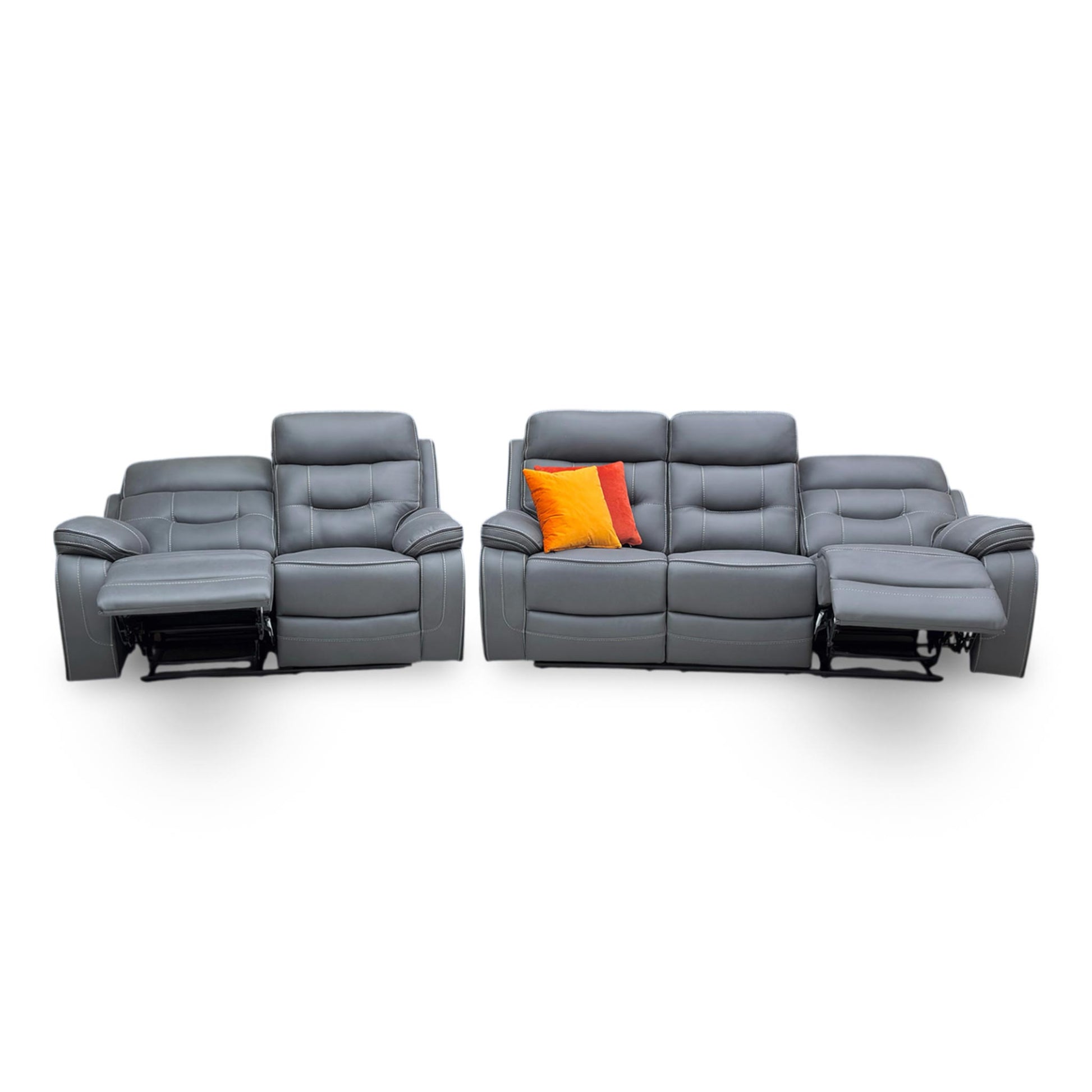 Front view of the ‘Dante’ 3+2 manual recliner sofa set in Grey fabric, featuring a matching 3-seater and 2-seater sofa with high-back support and plush padded armrests.