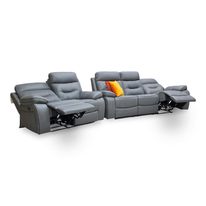 Full view of the ‘Dante’ 3+2 manual recliner sofa set in Grey fabric, featuring a matching 3-seater and 2-seater sofa with high-back support and plush padded armrests.