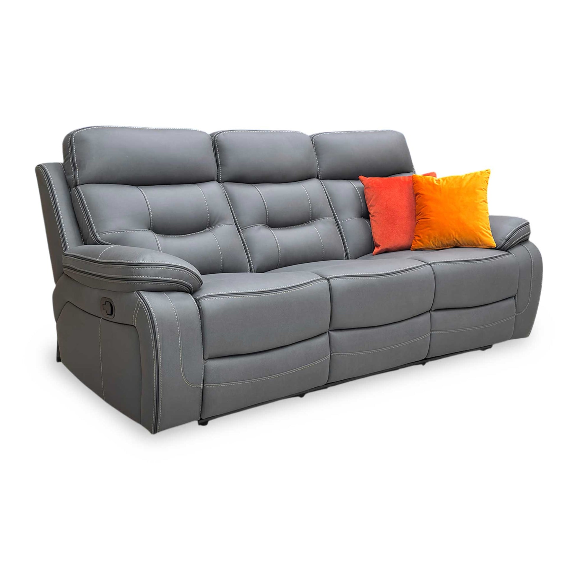 Side profile of the Dante sofa in a reclined position, emphasizing the ergonomic lumbar support and the space-efficient reclining action.