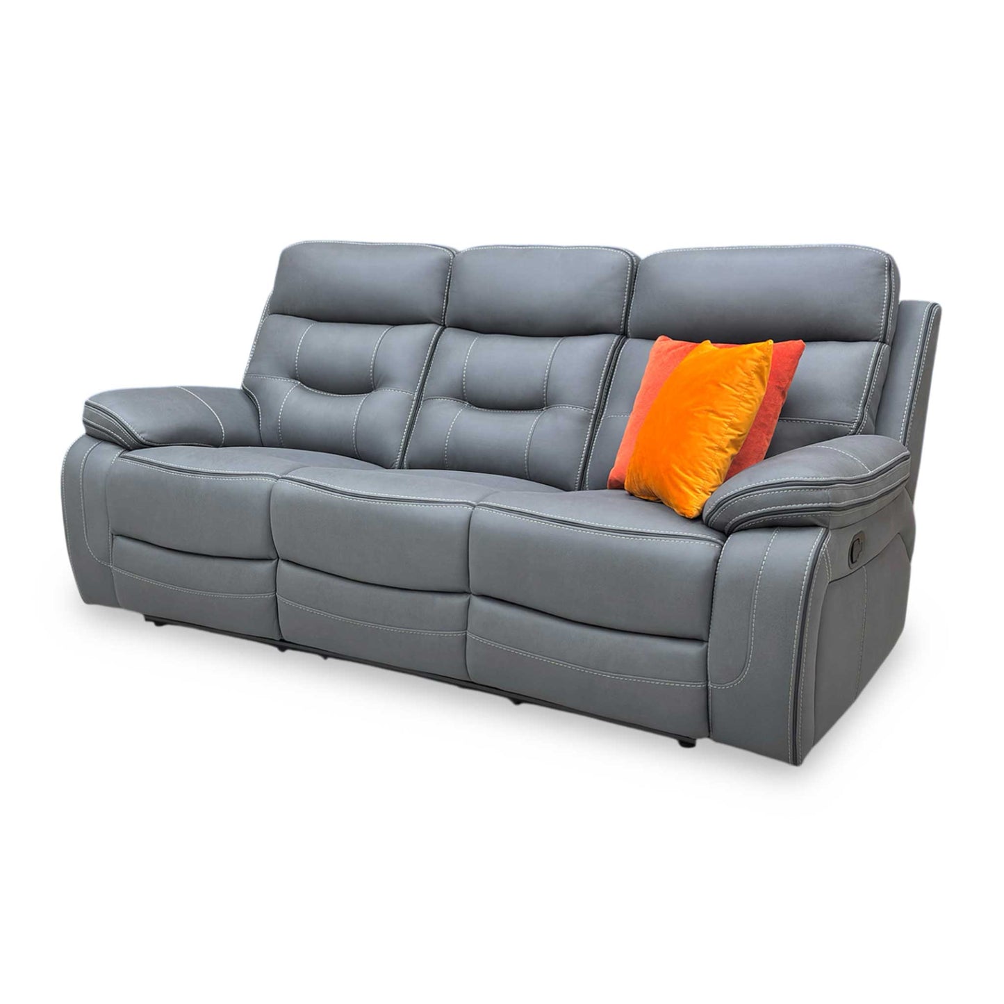 Side profile of the Dante sofa in a reclined position, emphasizing the ergonomic lumbar support and the space-efficient reclining action.