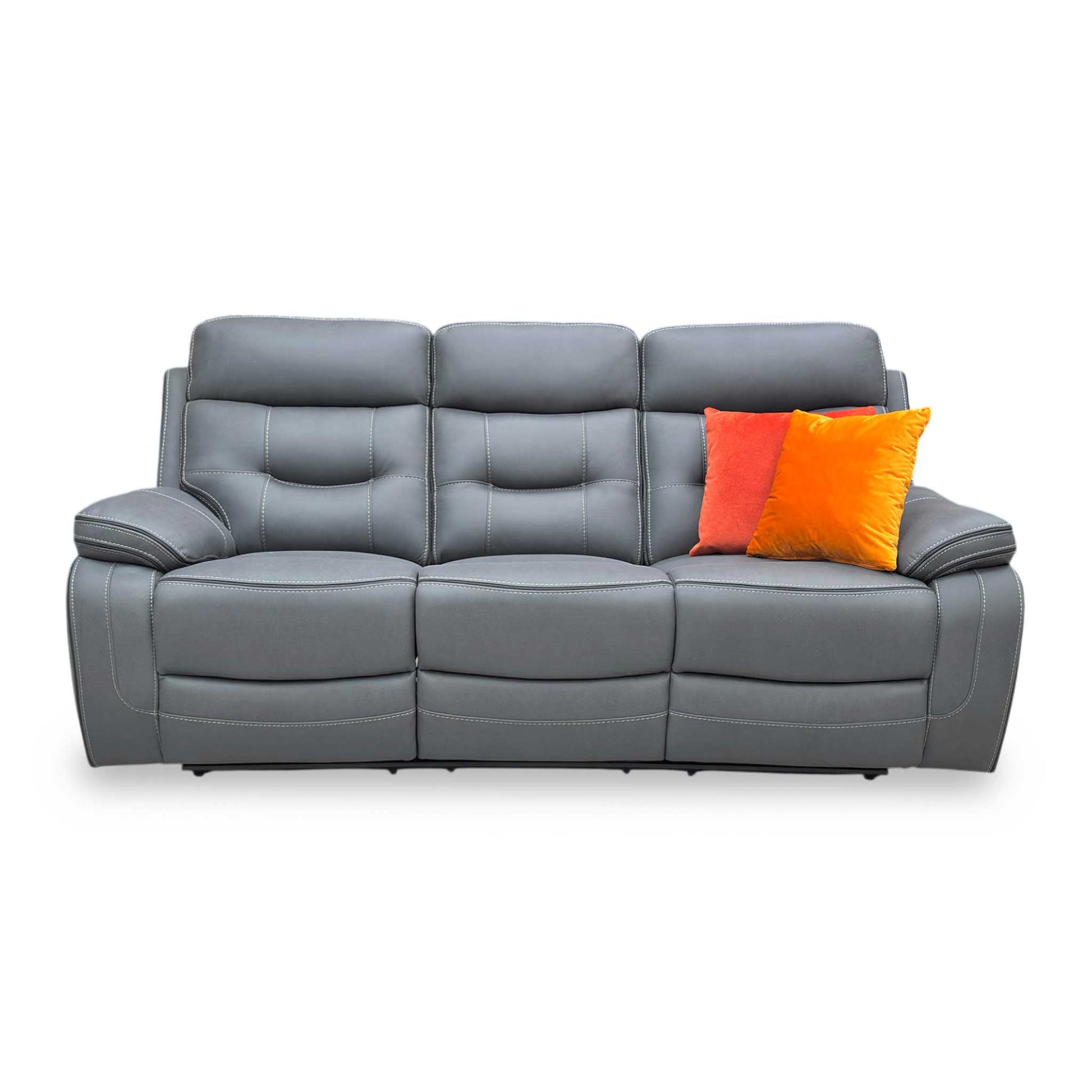 Front view of the ‘Dante’ 3-seater manual recliner sofa in Grey fabric, featuring a contemporary high-back design, padded armrests, and two reclining end seats.