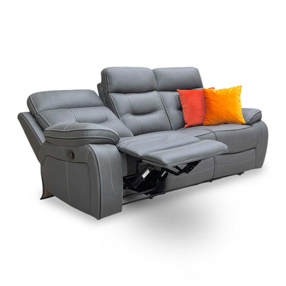 Full view of the ‘Dante’ 3-seater manual recliner sofa in Grey fabric, featuring a contemporary high-back design, padded armrests, and two reclining end seats.