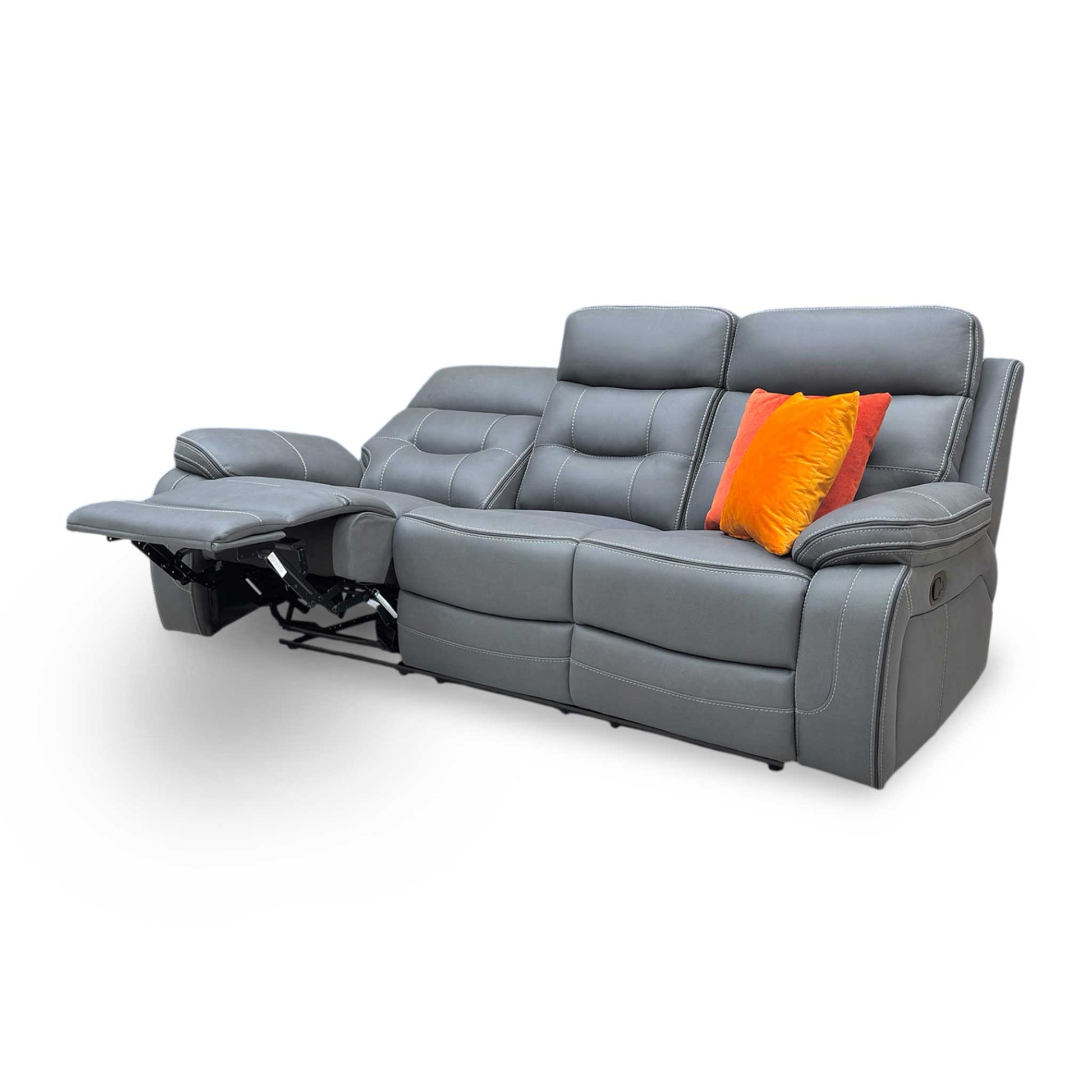Front view of the ‘Dante’ 3-seater manual recliner sofa in Grey fabric, featuring a contemporary high-back design, padded armrests, and two reclining end seats.