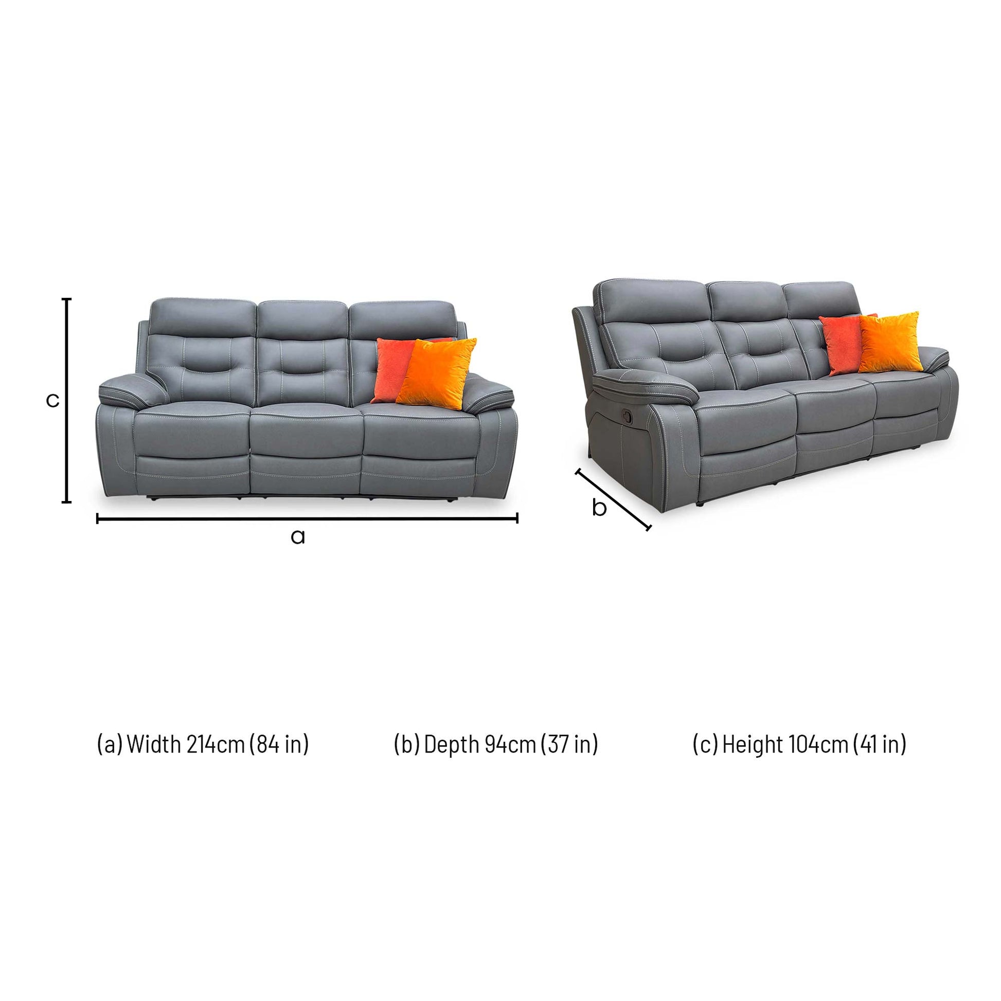 Dimensions for the ‘Dante’ Grey Fabric 3 Seater Manual Recliner Sofa.