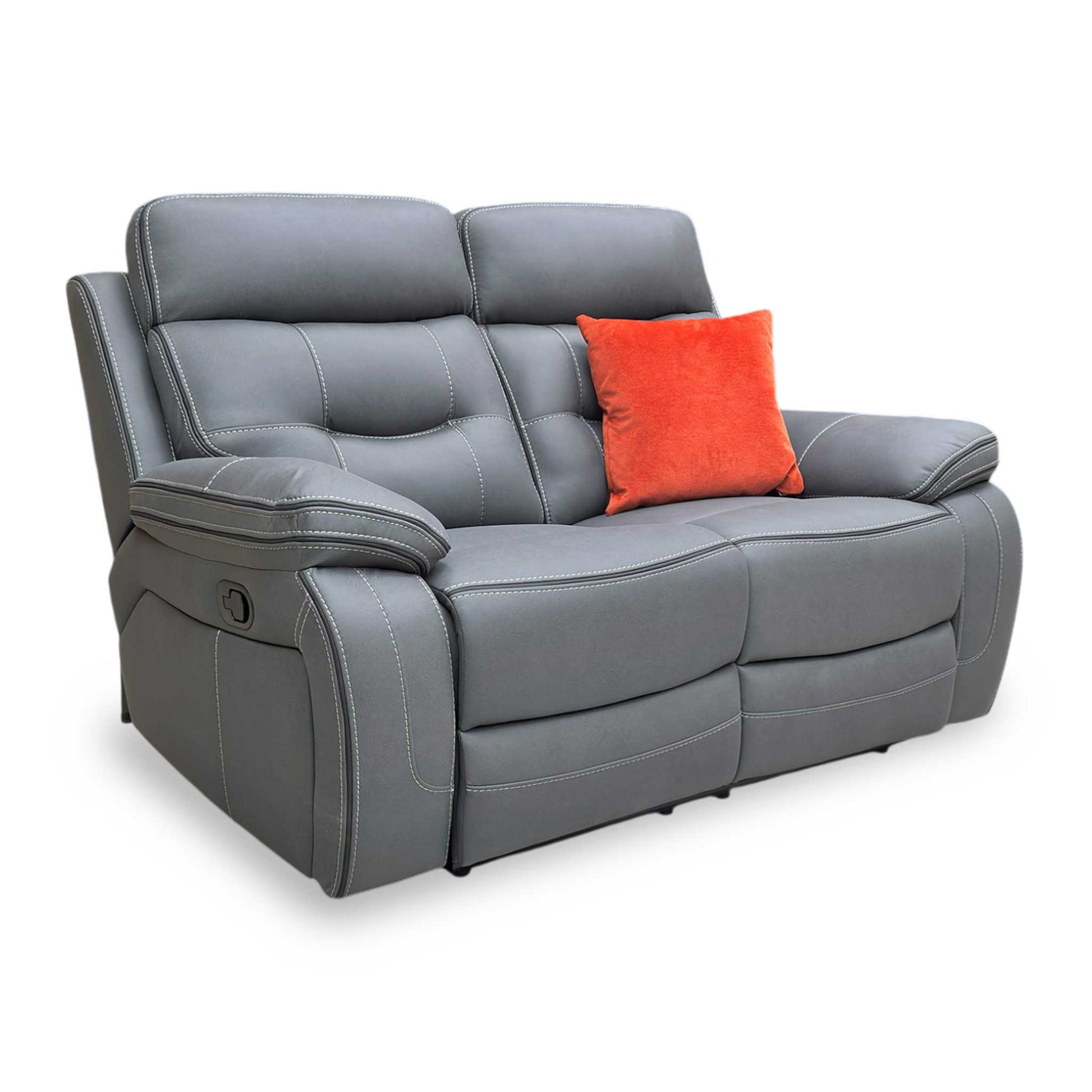 Side profile of the Dante 2-seater sofa in a reclined position, emphasizing the ergonomic lumbar support and the space-efficient reclining action.