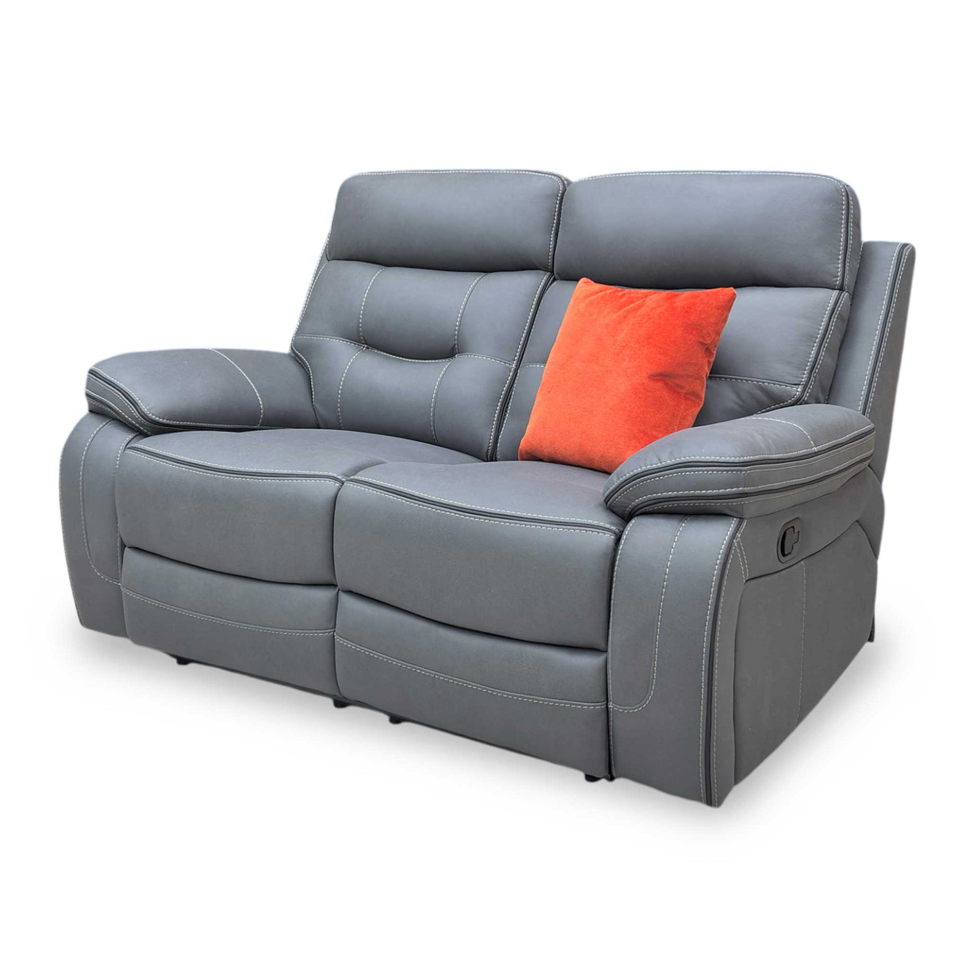 Side profile of the Dante 2-seater sofa in a reclined position, emphasizing the ergonomic lumbar support and the space-efficient reclining action.