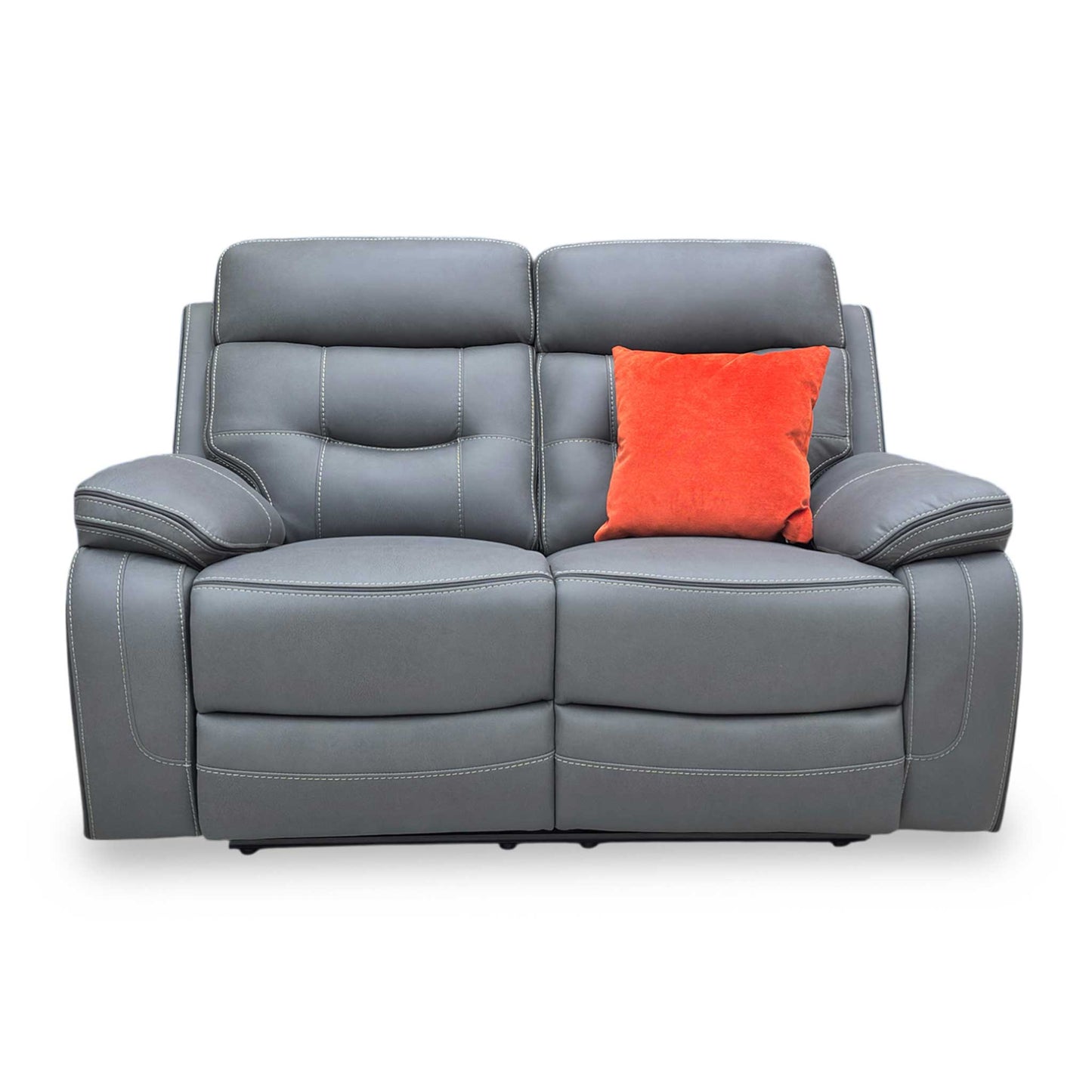 Front view of the ‘Dante’ 2-seater manual recliner sofa in Grey fabric, featuring a compact contemporary design, high-back support, and plush padded armrests.