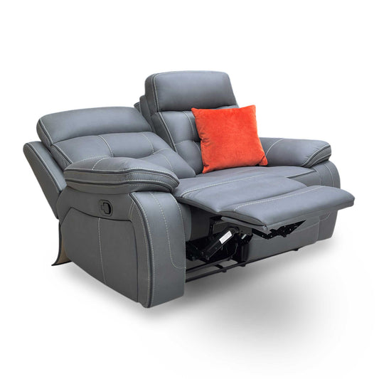 Full view of the ‘Dante’ 2-seater manual recliner sofa in Grey fabric, featuring a compact contemporary design, high-back support, and plush padded armrests.