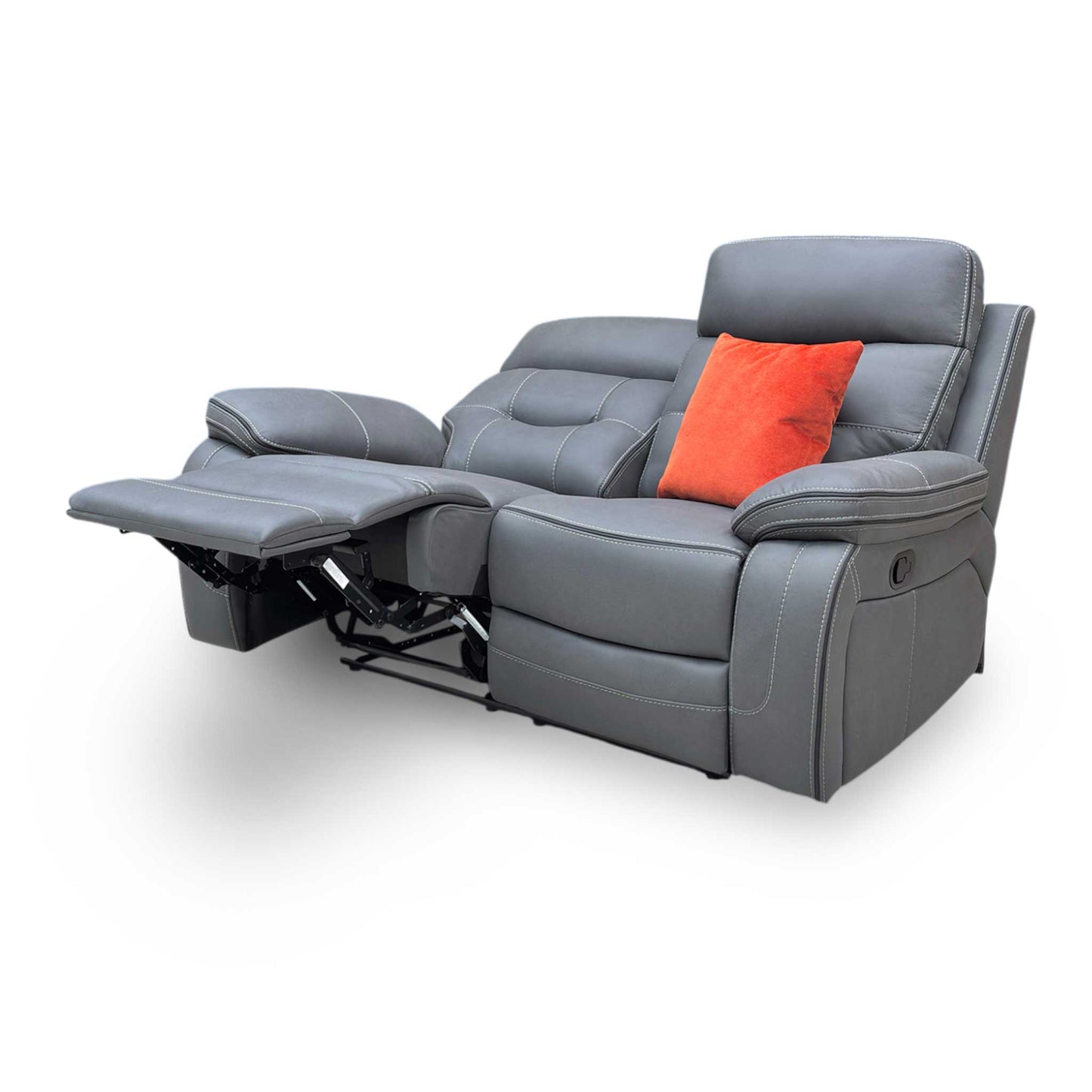 Side profile of the Dante 2-seater sofa in a reclined position, emphasizing the ergonomic lumbar support and the space-efficient reclining action.