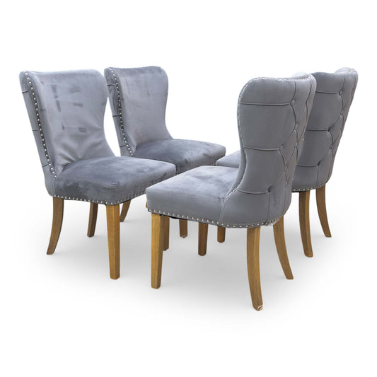 ‘Chennai’ Grey Luxe Velvet Studded Fixed Dining Chairs - Set of 4