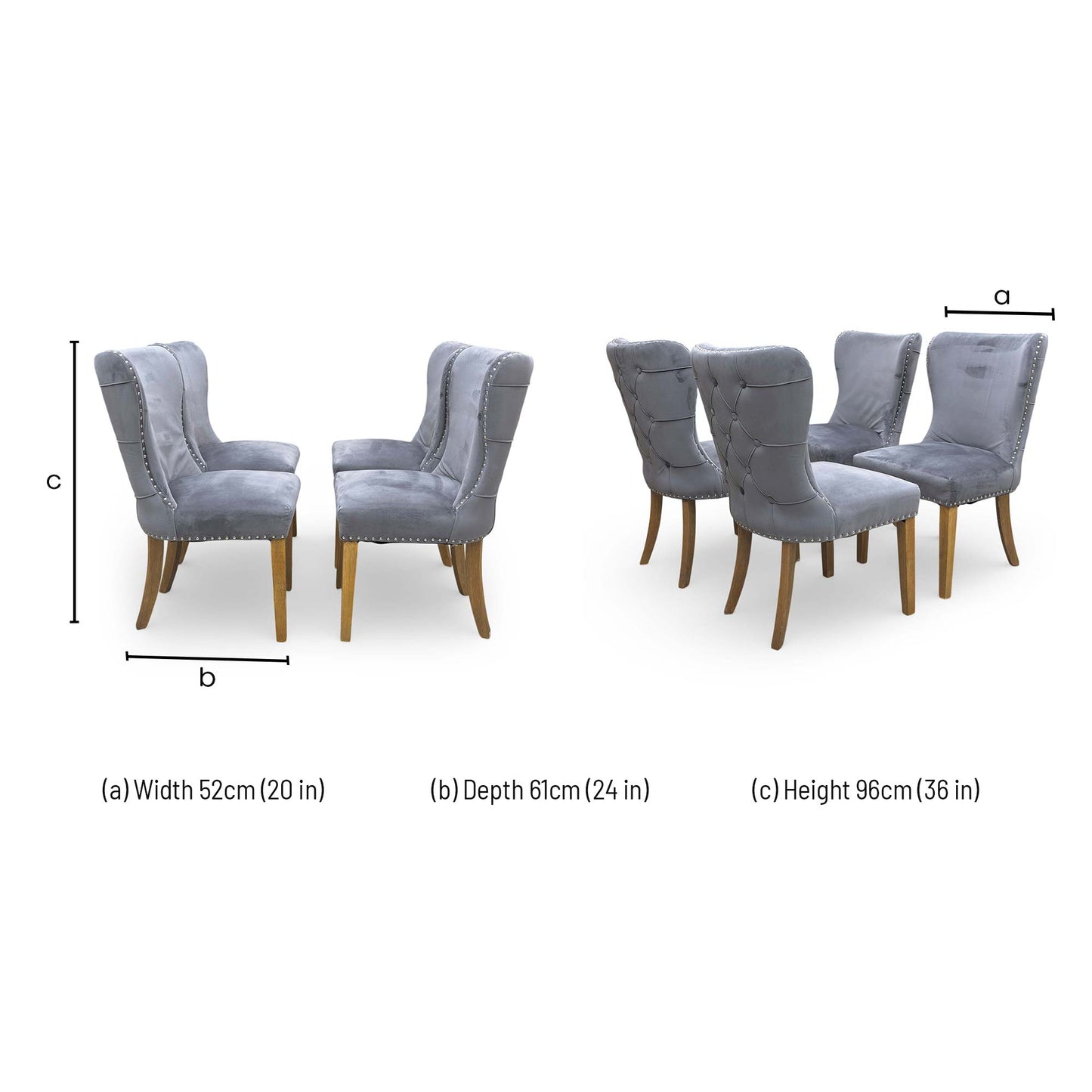 Dimensions for the ‘Chennai’ Grey Luxe Velvet Studded Fixed Dining Chairs (Set of 4).