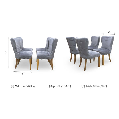 Dimensions for the ‘Chennai’ Grey Luxe Velvet Studded Fixed Dining Chairs (Set of 4).