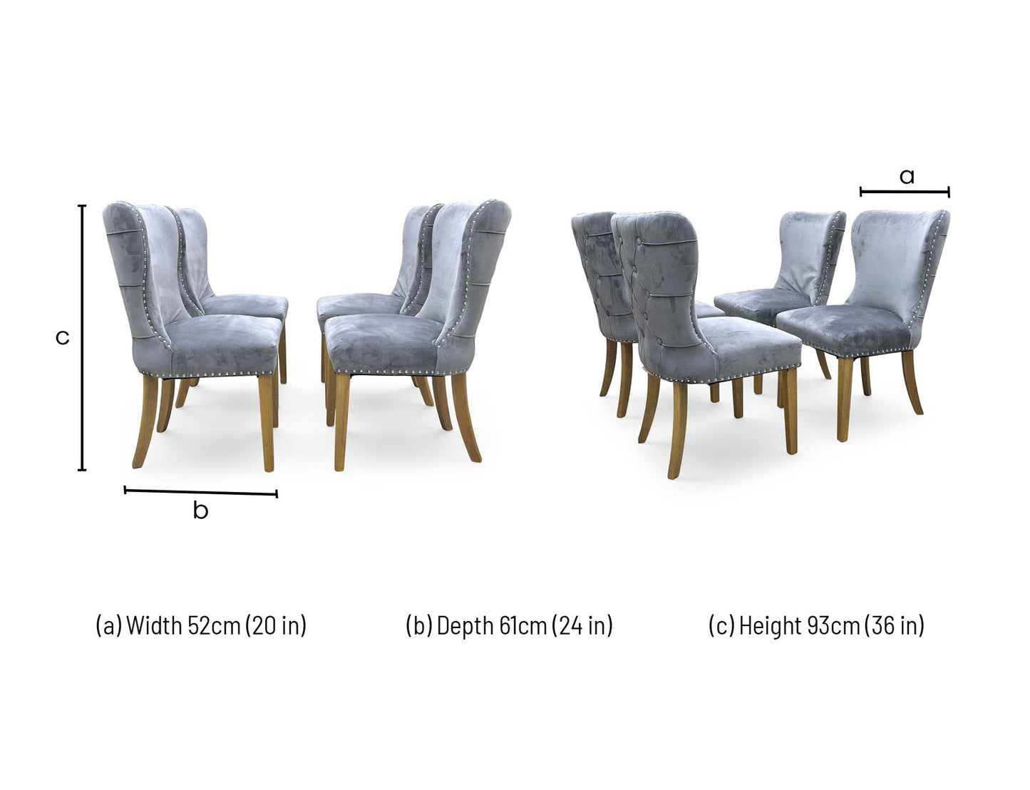 Technical dimension diagram for the ‘Chennai’ Grey Luxe Velvet Studded Fixed Dining Chairs: Height 105cm, Width 47cm, Depth 64cm.