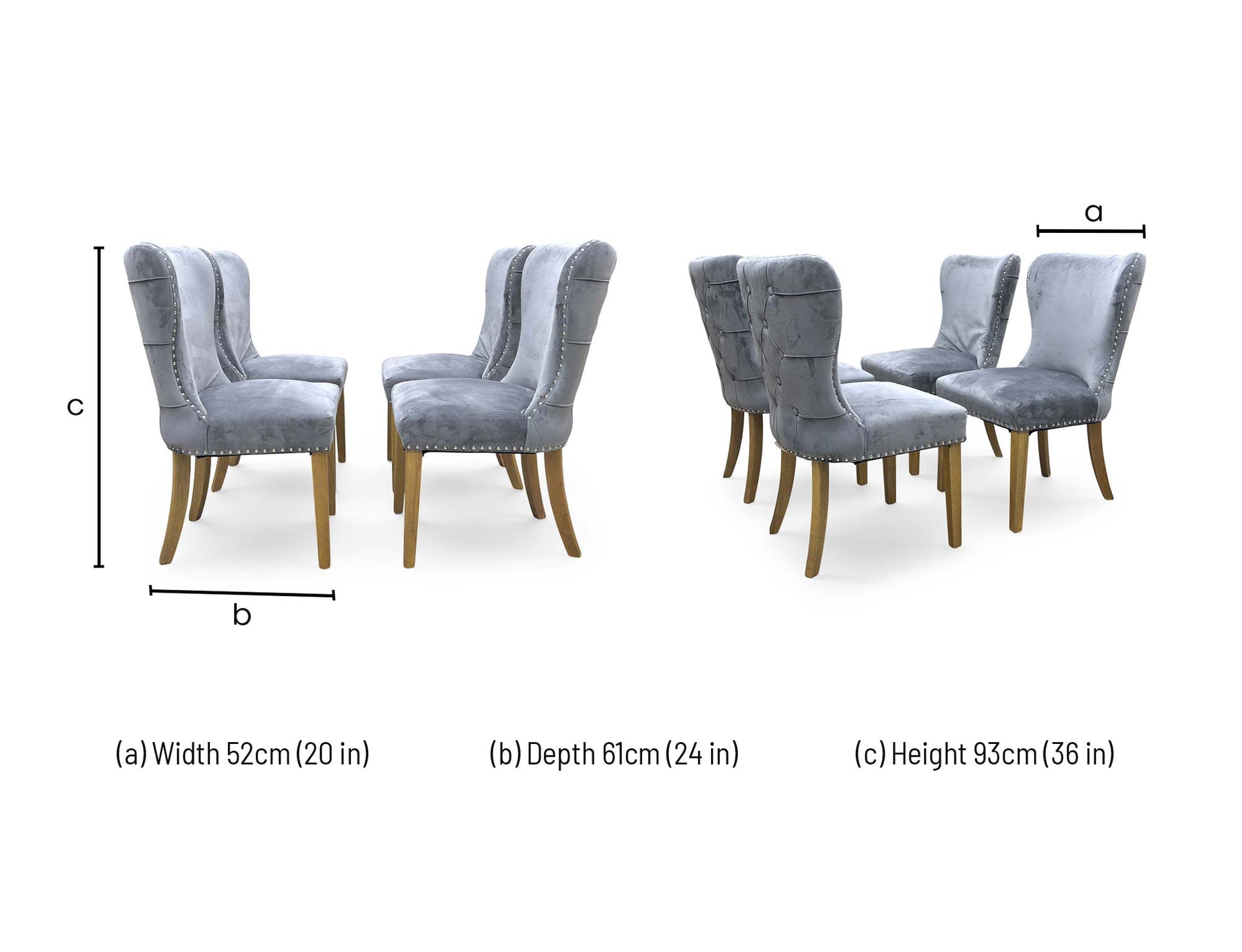 Technical dimension diagram for the ‘Chennai’ Grey Luxe Velvet Studded Fixed Dining Chairs: Height 105cm, Width 47cm, Depth 64cm.