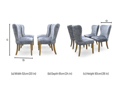 Technical dimension diagram for the ‘Chennai’ Grey Luxe Velvet Studded Fixed Dining Chairs: Height 105cm, Width 47cm, Depth 64cm.