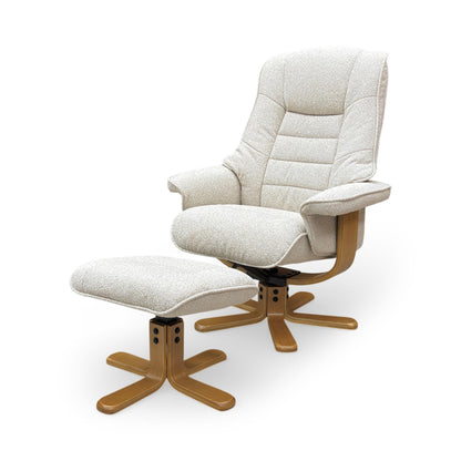 Side profile of the Riga recliner chair, emphasizing the ergonomic curve of the high backrest and the elegant wooden star-shaped base.