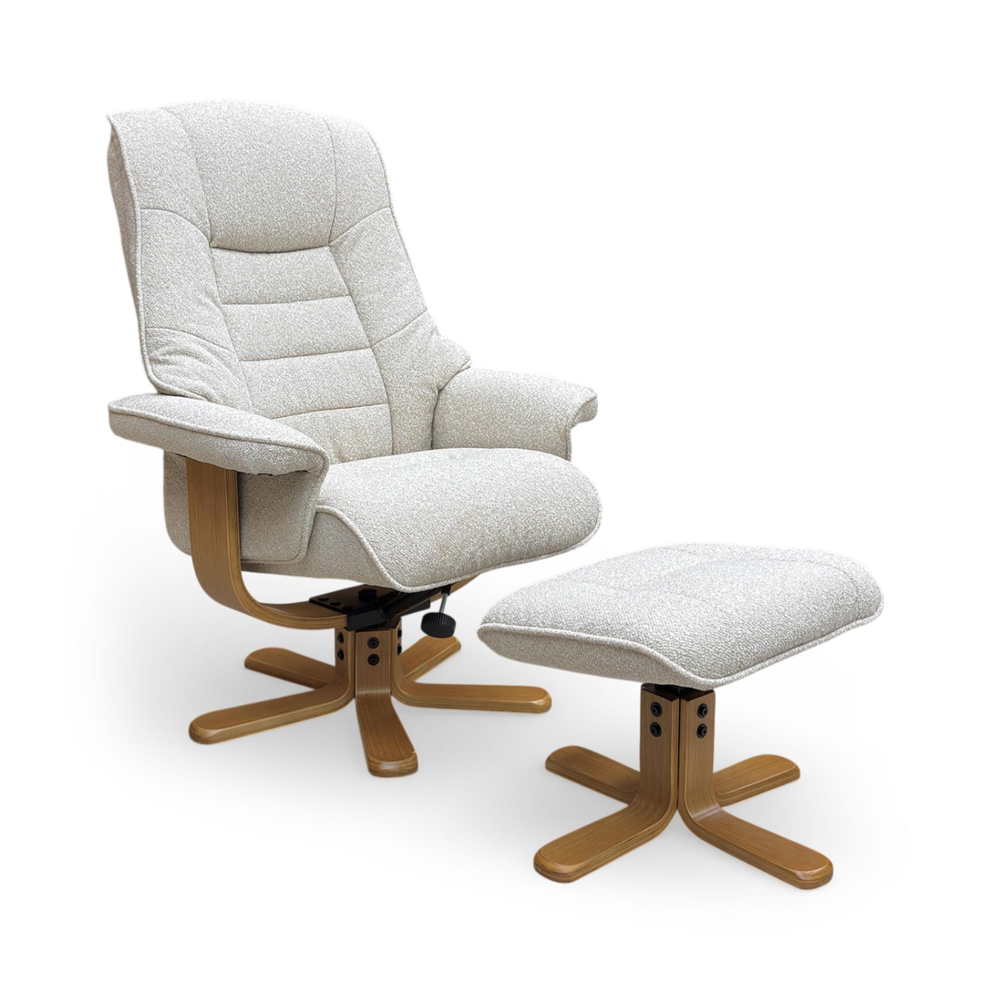Full view of the Furniture Village ‘Riga’ swivel recliner chair and matching footstool in Hessian Beige fabric, featuring a high back and a sturdy wooden U-shaped base.
