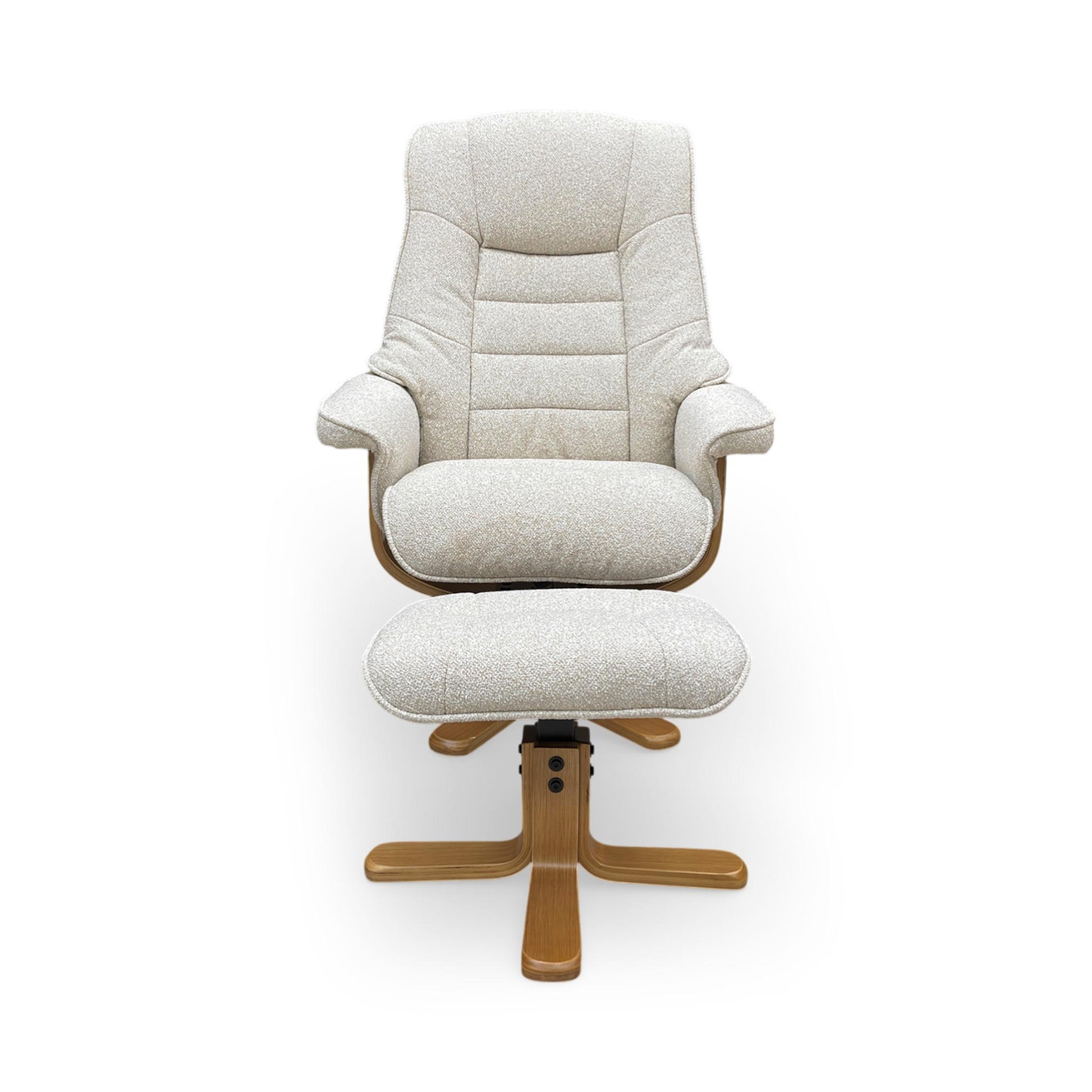 Front shot of the adjustable tilting headrest and sumptuous cushioning, designed for personalized neck support and head-to-toe comfort.
