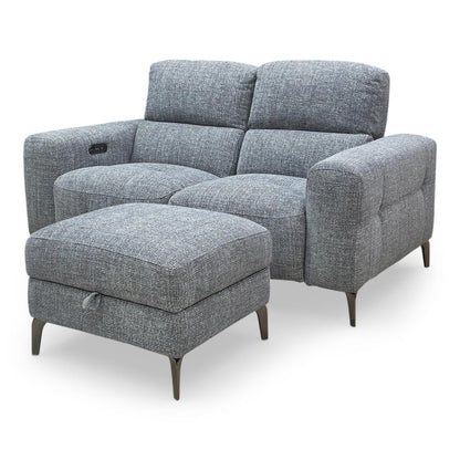 ‘New York’ Fab-Cac-R450 Gun Metal Woven Fabric 2 Seater Power Recliner Sofa with Power Headrests + Storage Footstool