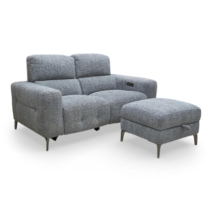 ‘New York’ Fab-Cac-R450 Gun Metal Woven Fabric 2 Seater Power Recliner Sofa with Power Headrests + Storage Footstool