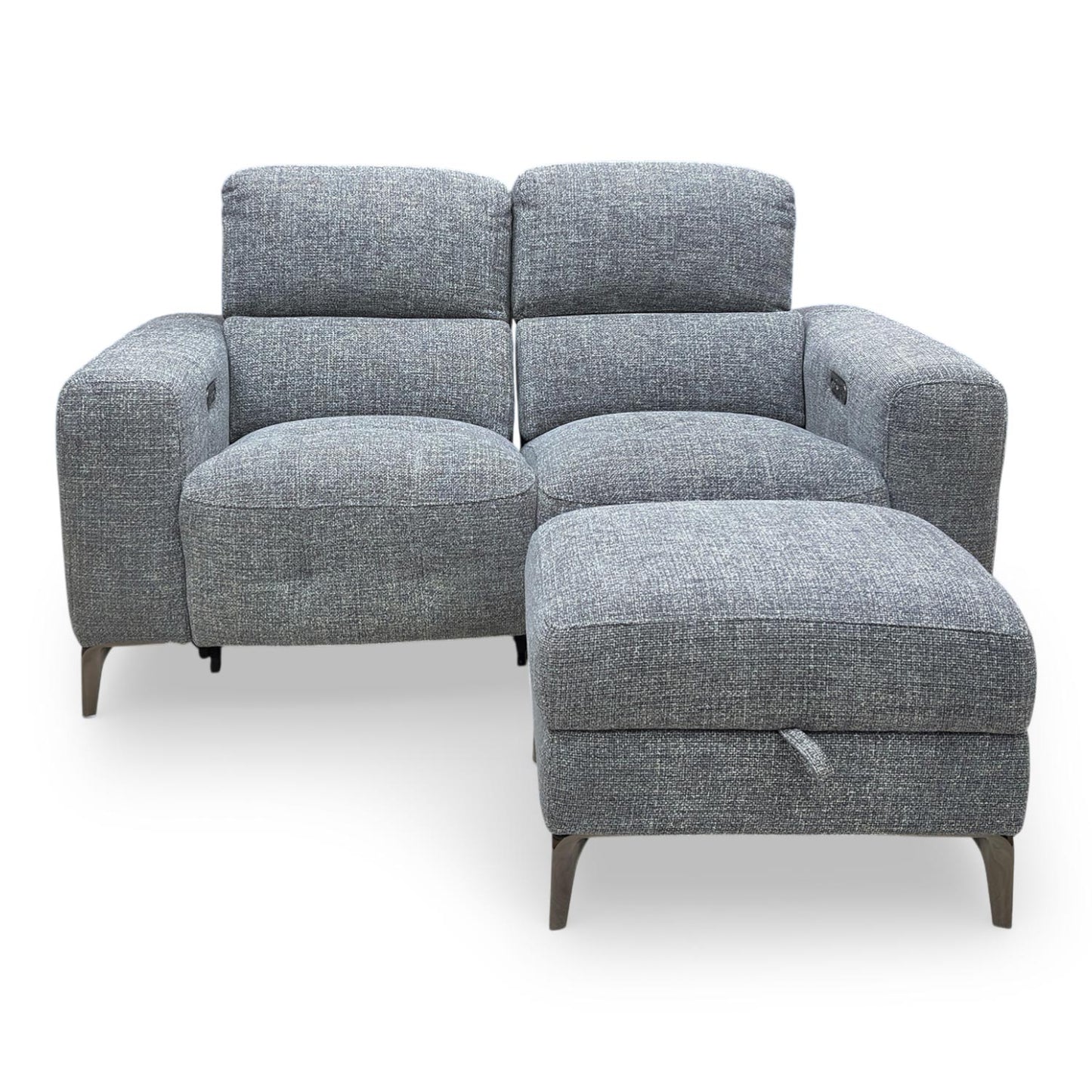 ‘New York’ Fab-Cac-R450 Gun Metal Woven Fabric 2 Seater Power Recliner Sofa with Power Headrests + Storage Footstool