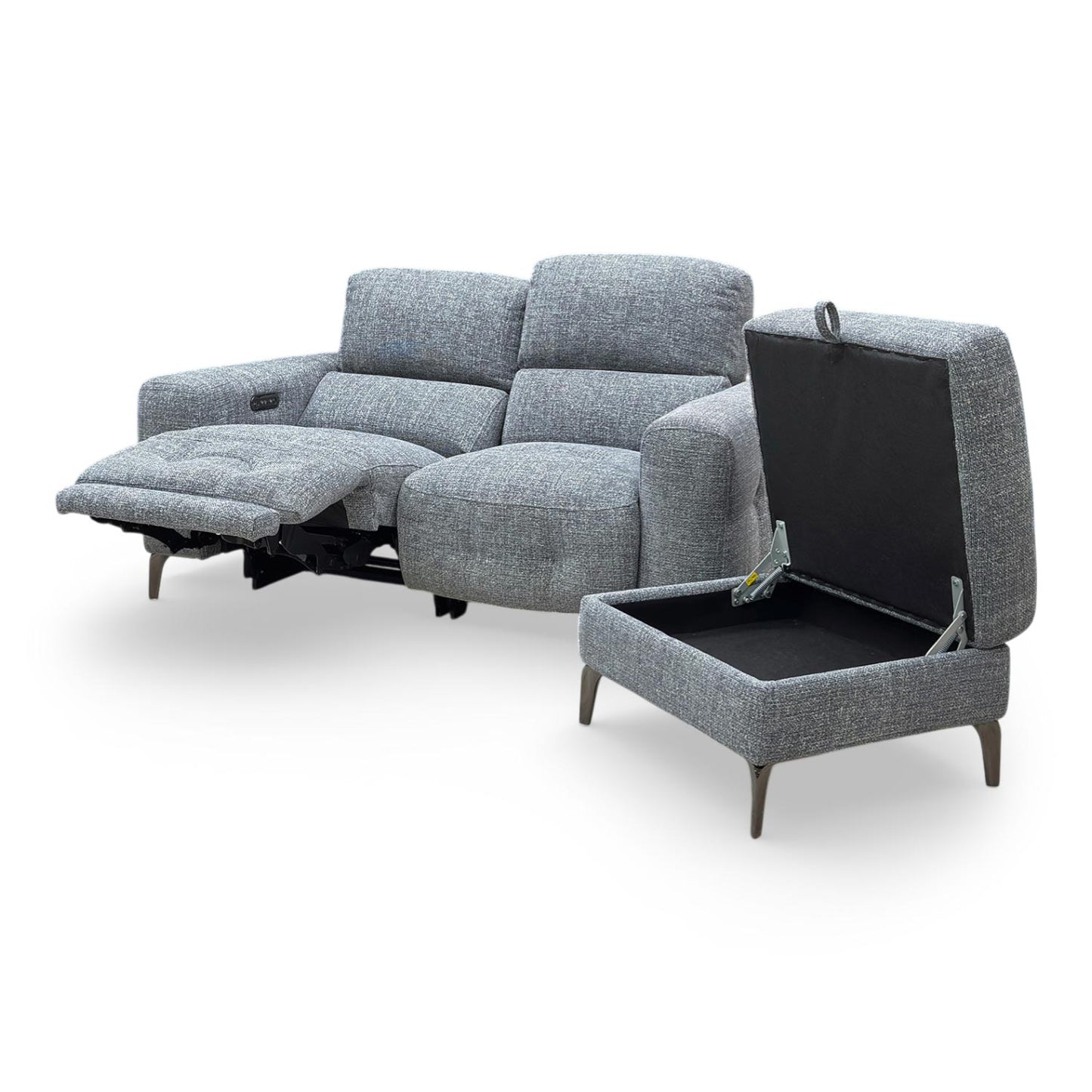 ‘New York’ Fab-Cac-R450 Gun Metal Woven Fabric 2 Seater Power Recliner Sofa with Power Headrests + Storage Footstool