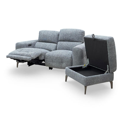 ‘New York’ Fab-Cac-R450 Gun Metal Woven Fabric 2 Seater Power Recliner Sofa with Power Headrests + Storage Footstool