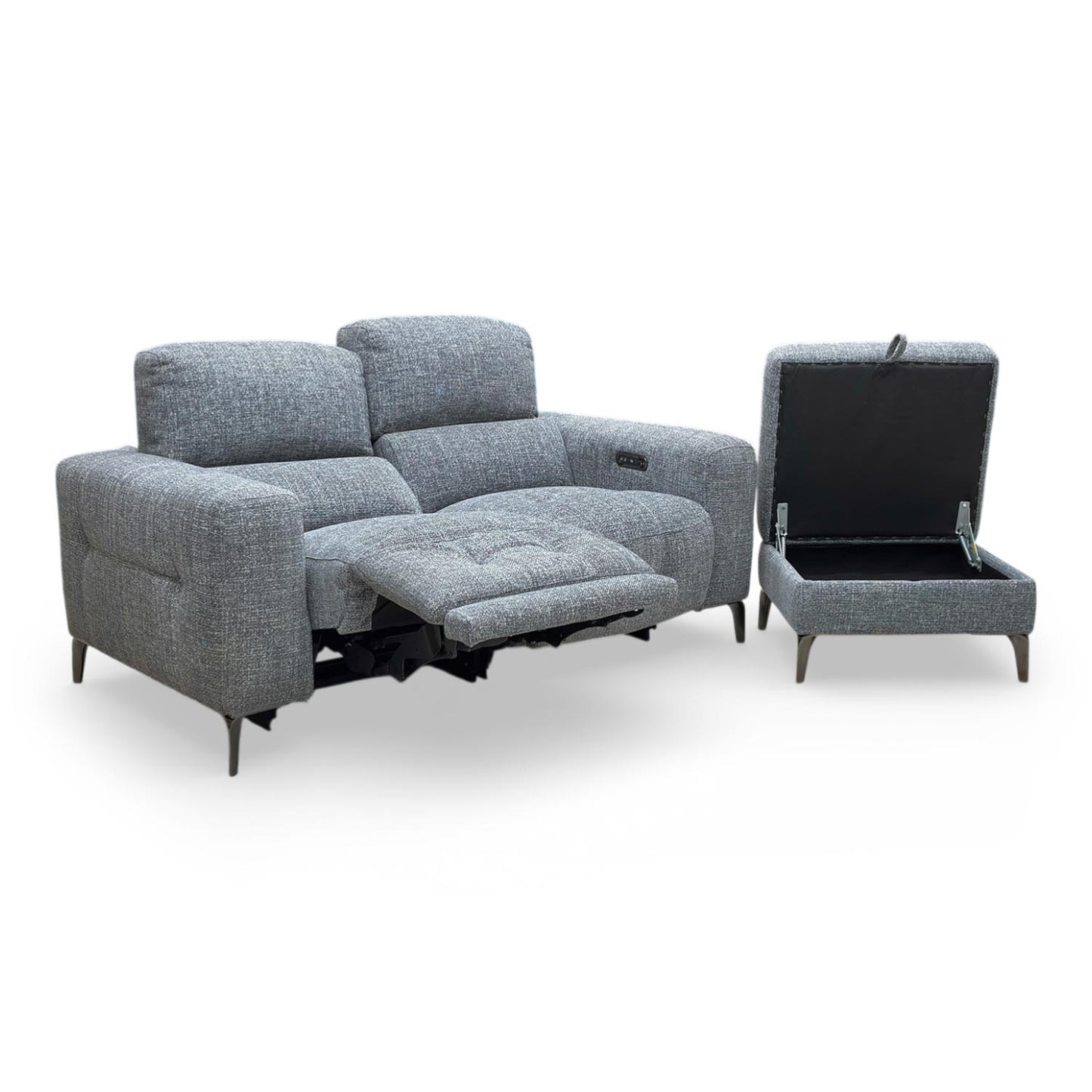 ‘New York’ Fab-Cac-R450 Gun Metal Woven Fabric 2 Seater Power Recliner Sofa with Power Headrests + Storage Footstool