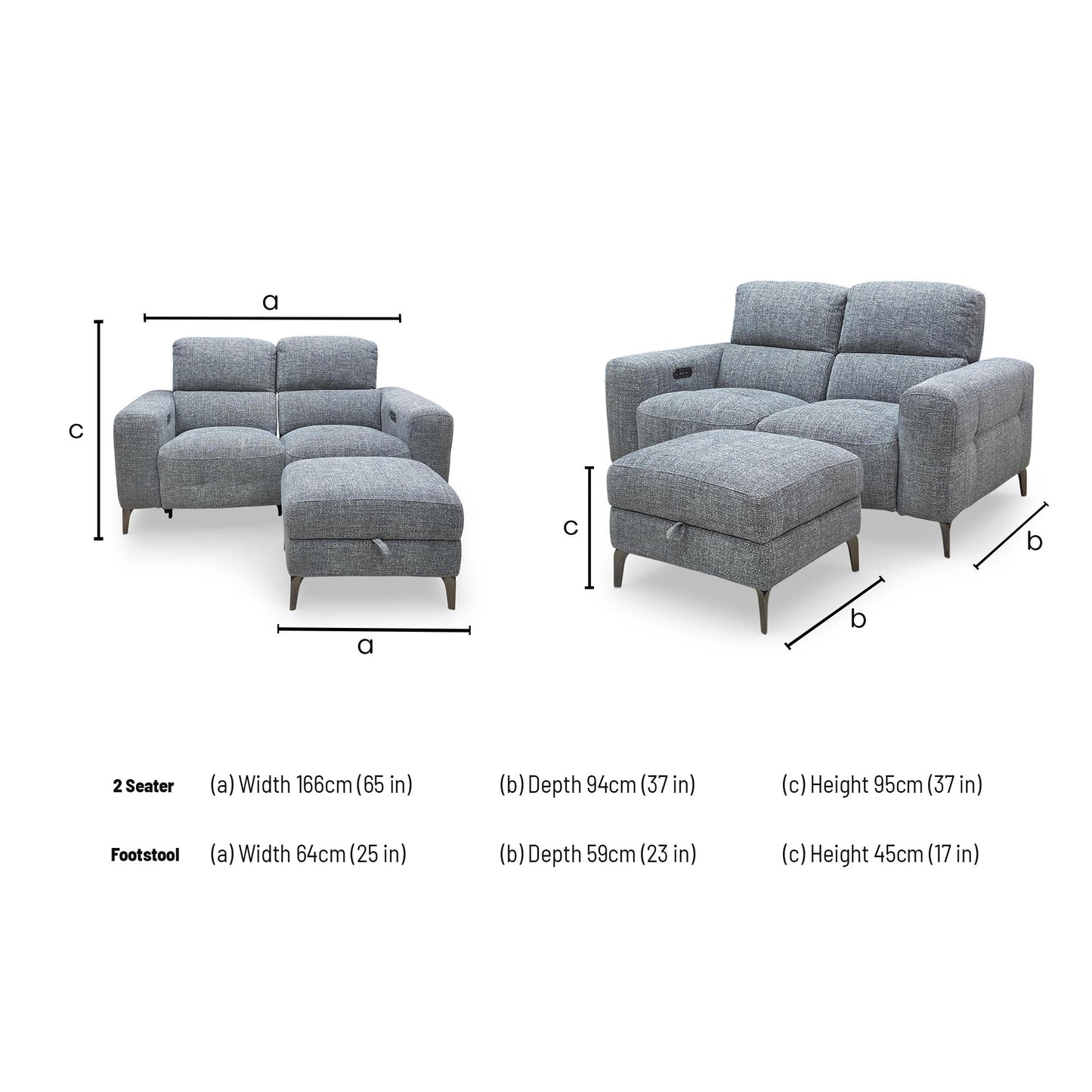 ‘New York’ Fab-Cac-R450 Gun Metal Woven Fabric 2 Seater Power Recliner Sofa with Power Headrests + Storage Footstool