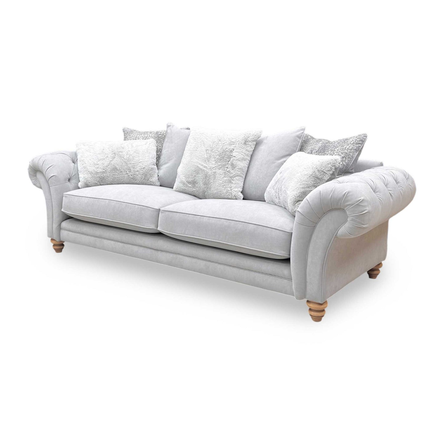 Side profile of the Blenheim 4-seater, emphasizing the deep-seated design, curved armrests, and the high-quality tailored finish of the Marlborough fabric.