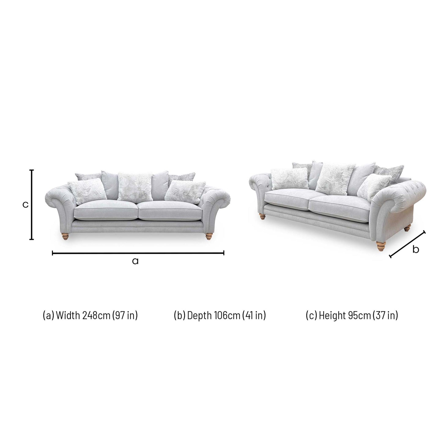 Dimensions for the ‘Blenheim’ Marlborough Silver OF Fabric 4 Seater Scatter Back Sofa.