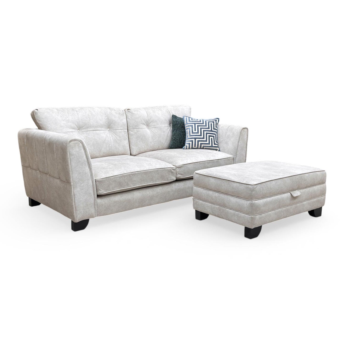 ‘Mariah’ Dapple Cream-Tri No Insert Velvet 3 Seater Classic Back Sofa + Large Storage Footstool (Ariana)