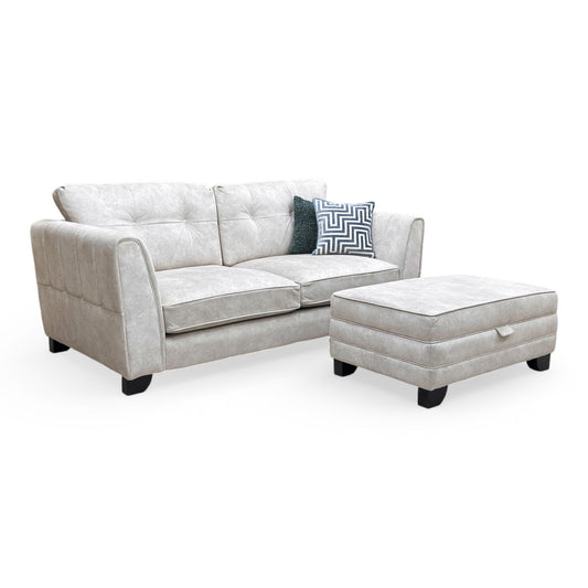 ‘Mariah’ Dapple Cream-Tri No Insert Velvet 3 Seater Classic Back Sofa + Large Storage Footstool (Ariana)