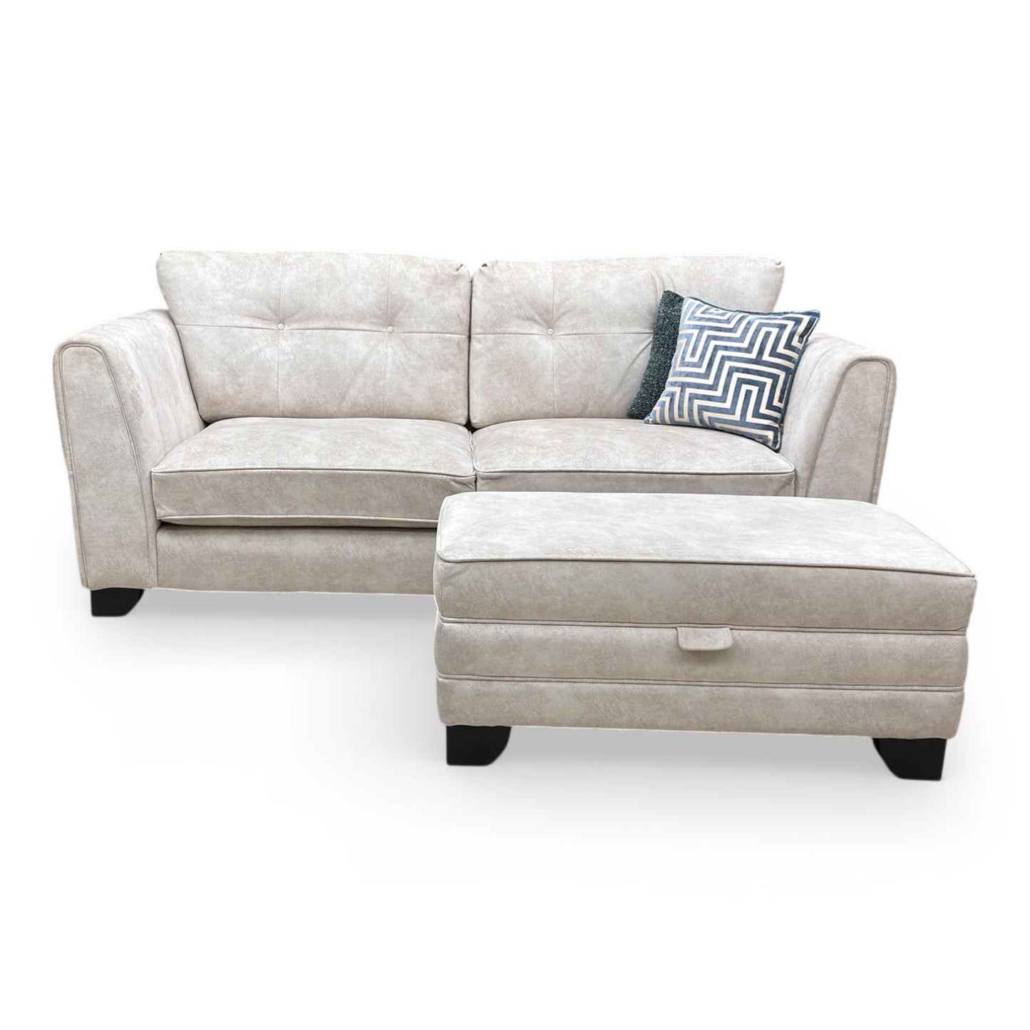 ‘Mariah’ Dapple Cream-Tri No Insert Velvet 3 Seater Classic Back Sofa + Large Storage Footstool (Ariana)