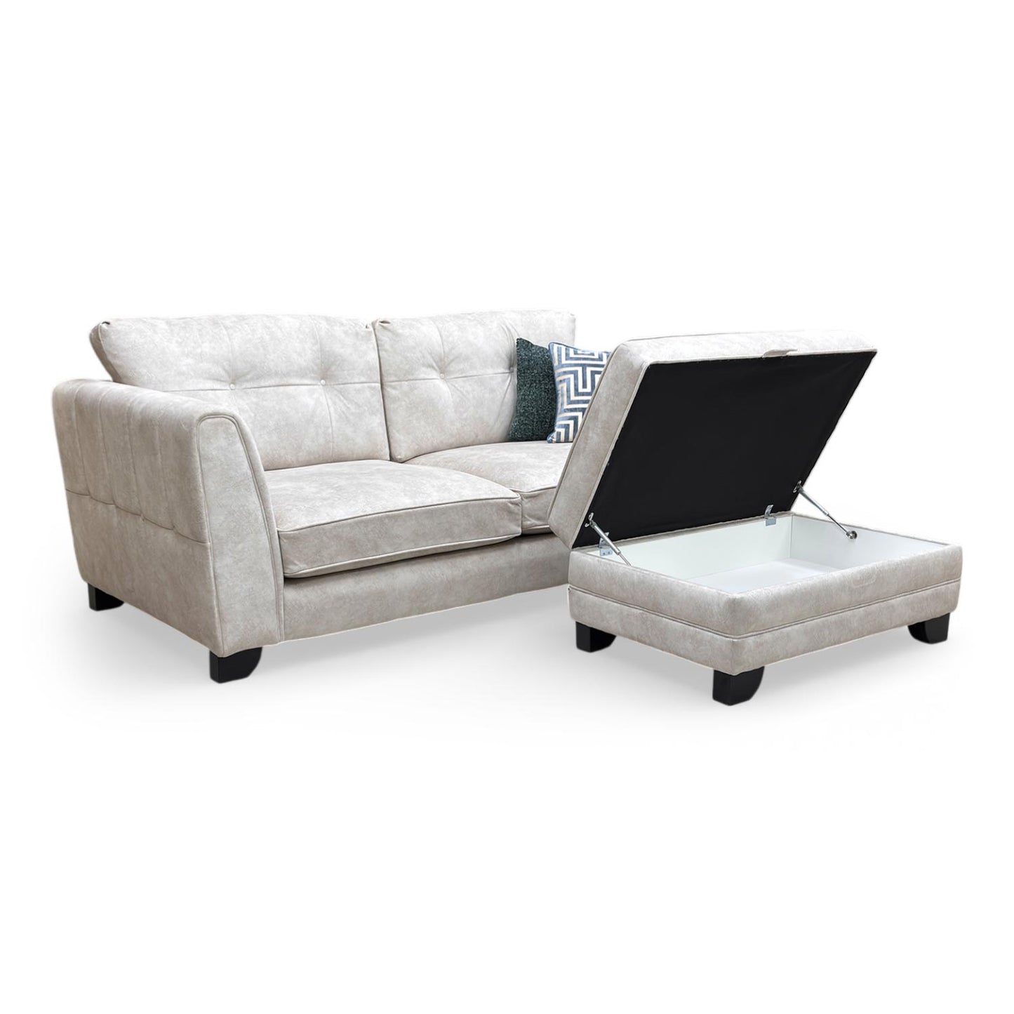 ‘Mariah’ Dapple Cream-Tri No Insert Velvet 3 Seater Classic Back Sofa + Large Storage Footstool (Ariana)
