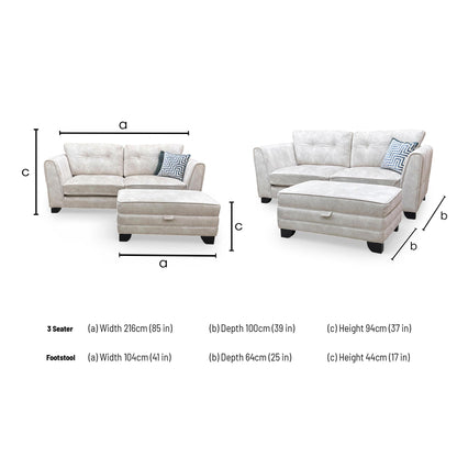‘Mariah’ Dapple Cream-Tri No Insert Velvet 3 Seater Classic Back Sofa + Large Storage Footstool (Ariana)