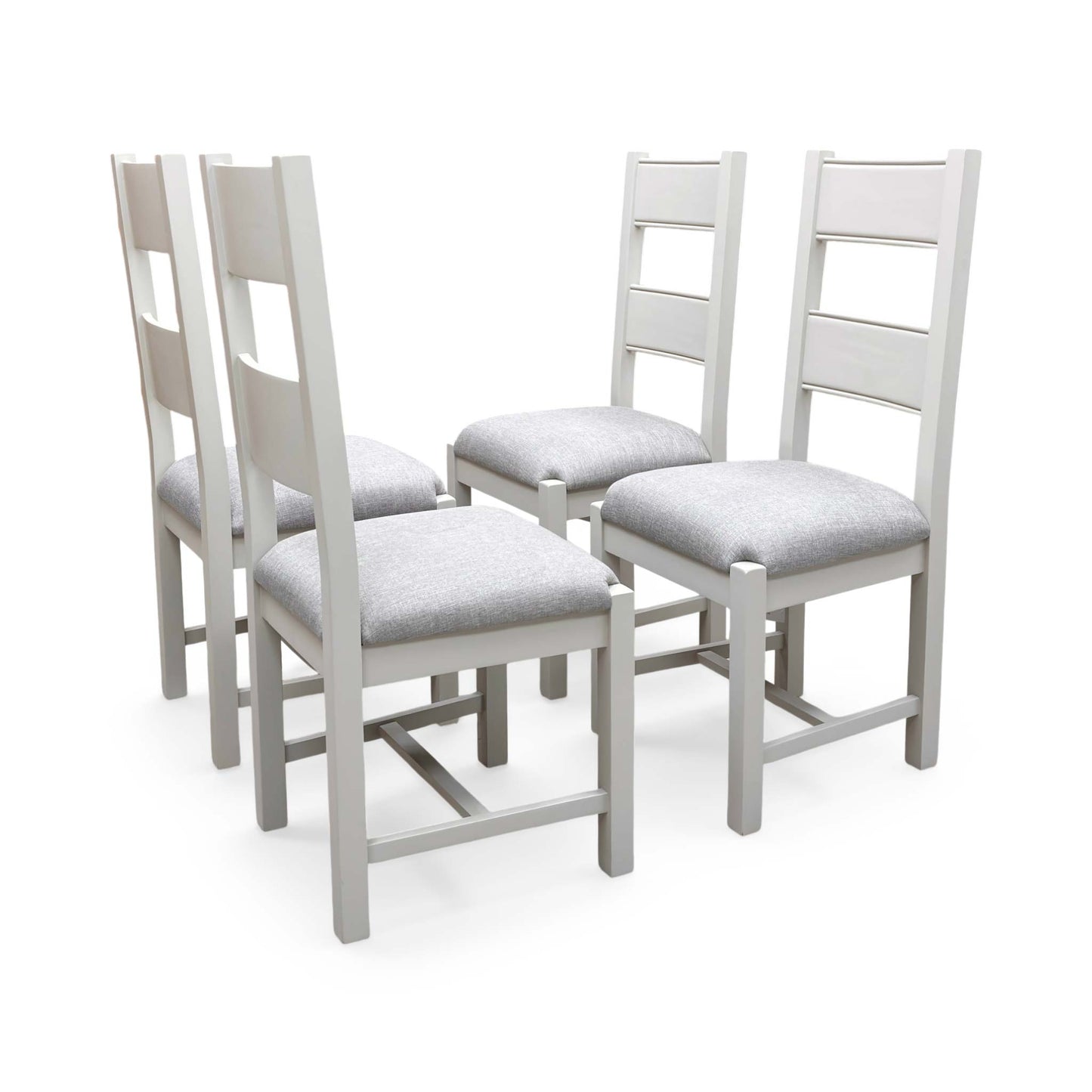 Full view of the Doune dining chairs, showing the contemporary grey fabric upholstered seat pads paired with a classic high-back wooden slat design.