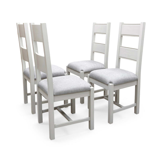 Full view of the Doune dining chairs, showing the contemporary grey fabric upholstered seat pads paired with a classic high-back wooden slat design.