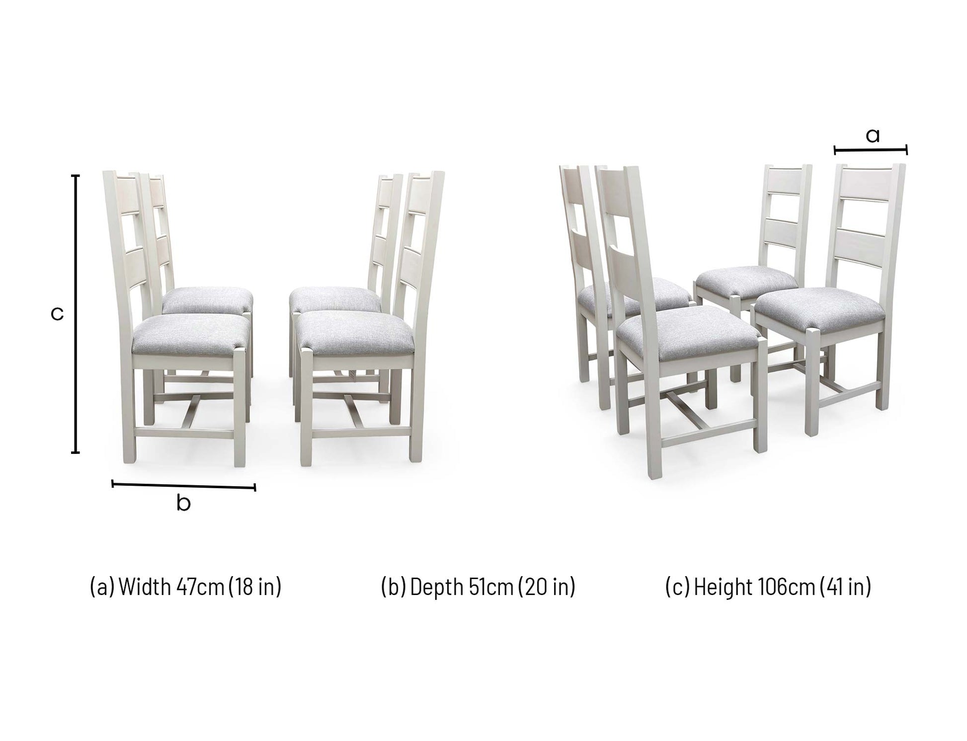 Technical dimension diagram for the Doune Grey Fabric Upholstered High Back Dining Chair, outlining its full structural measurements.
