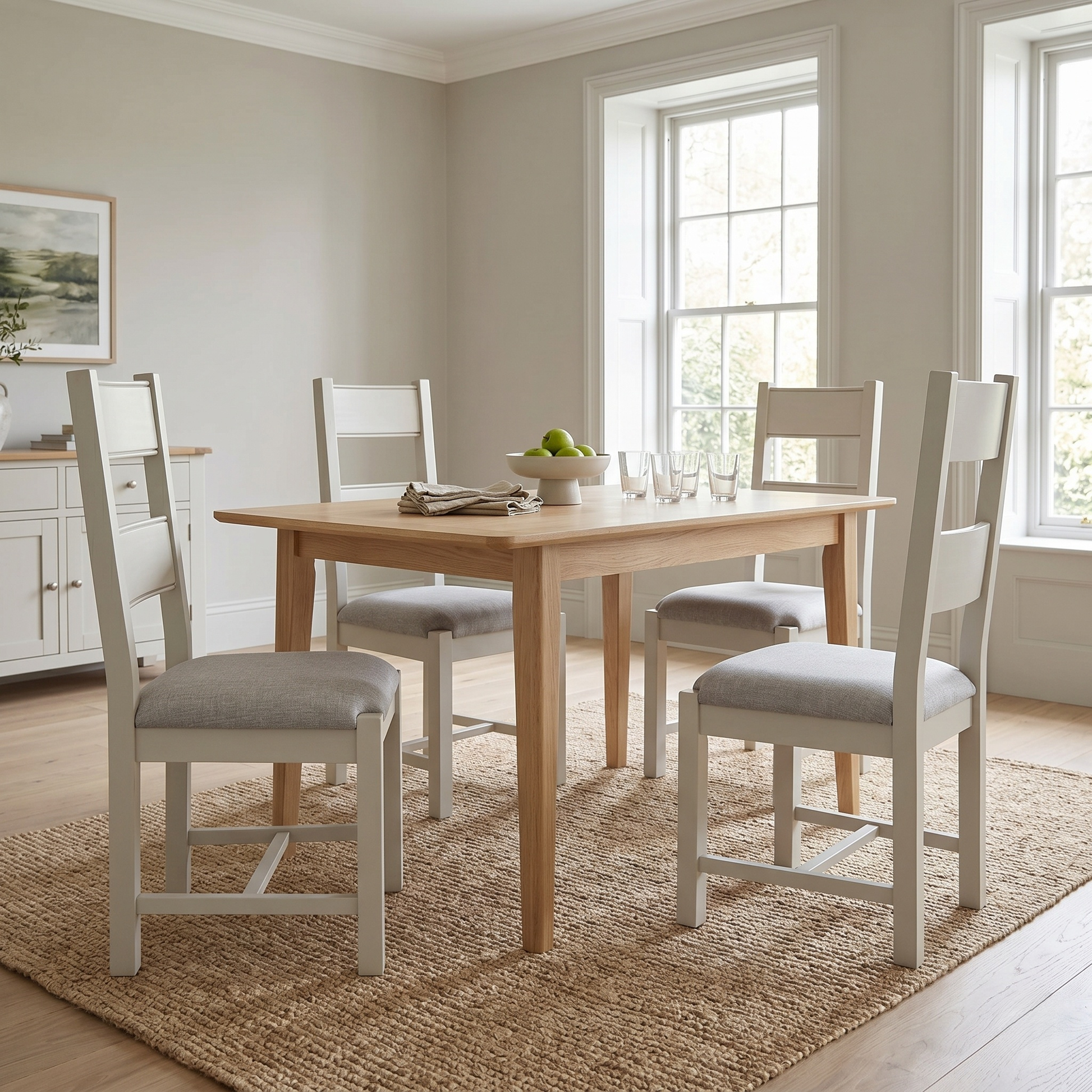 Dining room view or the Doune high-back dining chair set of 4, showcasing the durable textured grey upholstery and the robust wooden frame structure.