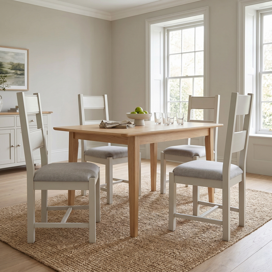 Dining room view or the Doune high-back dining chair set of 4, showcasing the durable textured grey upholstery and the robust wooden frame structure.