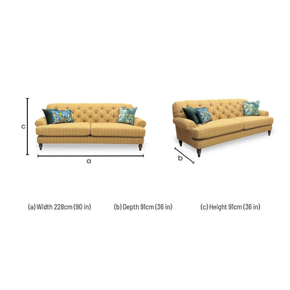 Dimensions for the ‘Canterbury’ Check Ochre and Oatmeal Patterned Fabric Button Back 4 Seater Sofa.