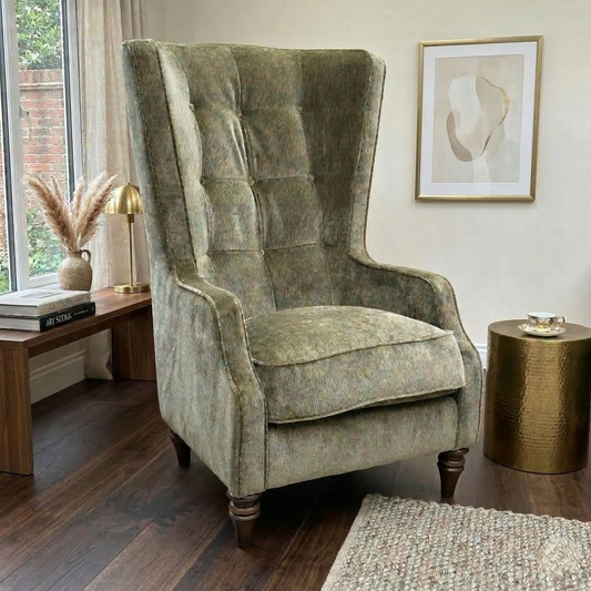 Living room for the Garland accent chair, highlighting the soft-touch Olive Green chenille, high-resilience foam seating, and durable internal frame.